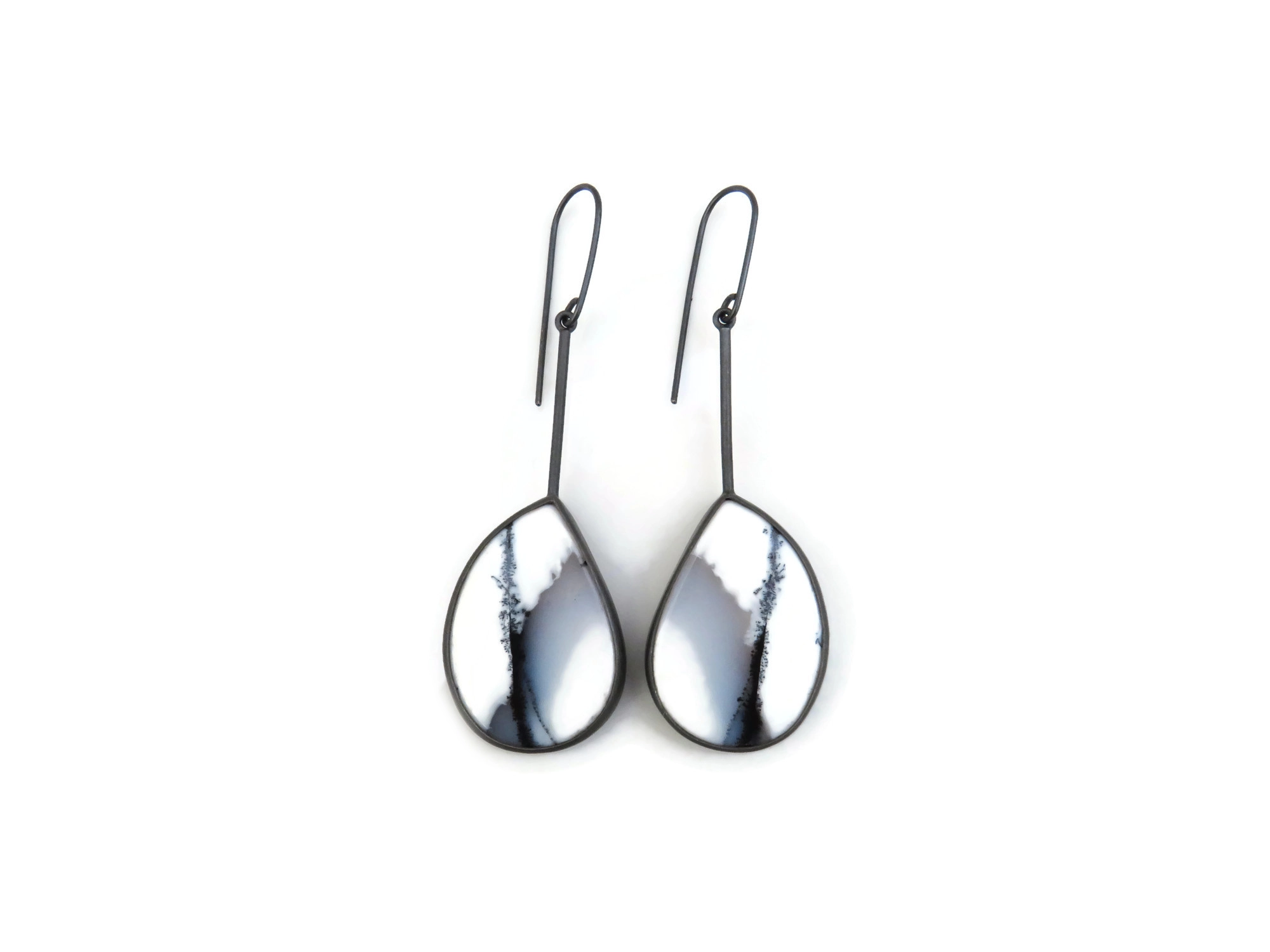 Dendritic Opal Oxidized Silver Long Earrings