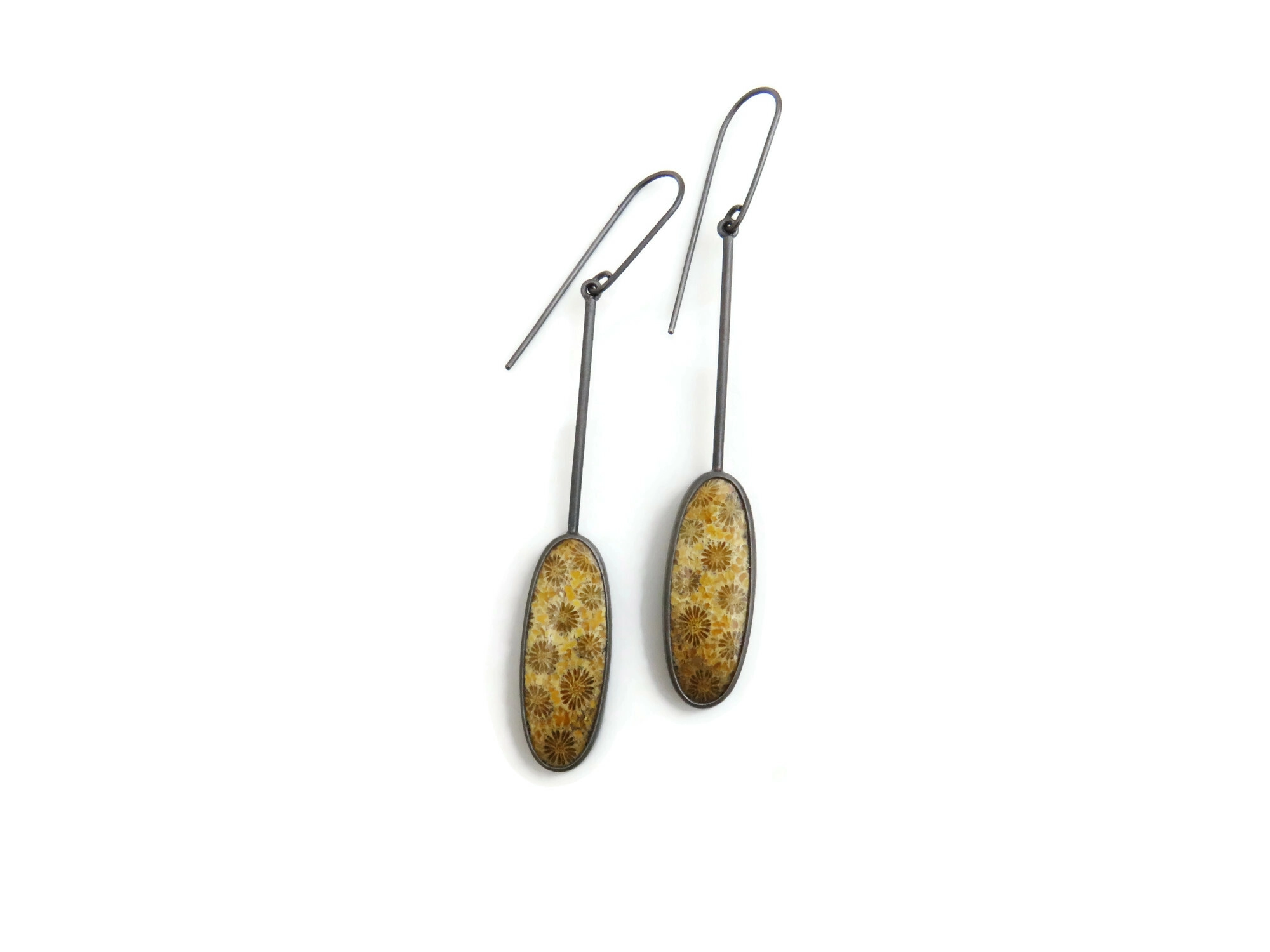 Fossil Coral Oxidized Silver Long Earrings