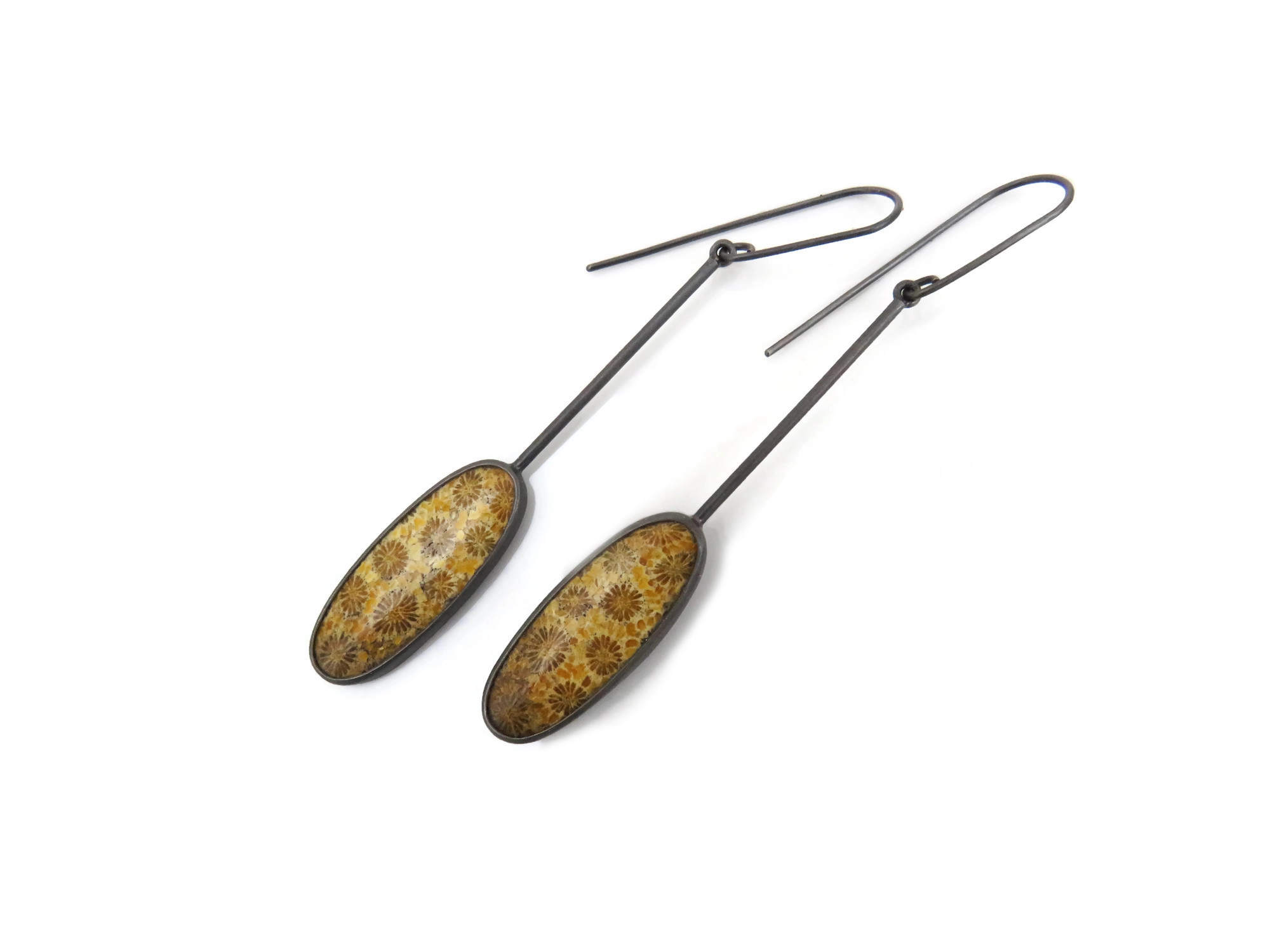 Fossil Coral Oxidized Silver Long Earrings