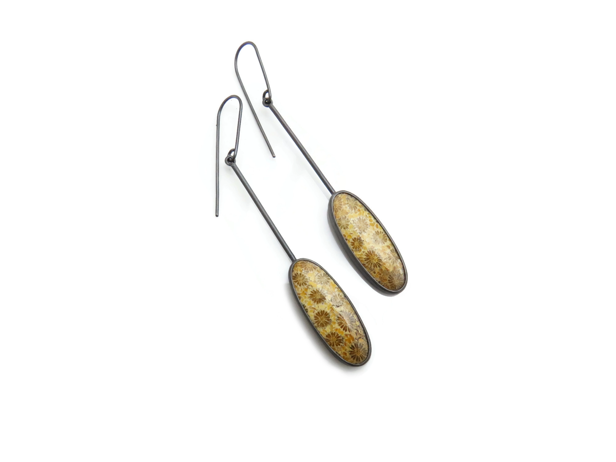 Fossil Coral Oxidized Silver Long Earrings