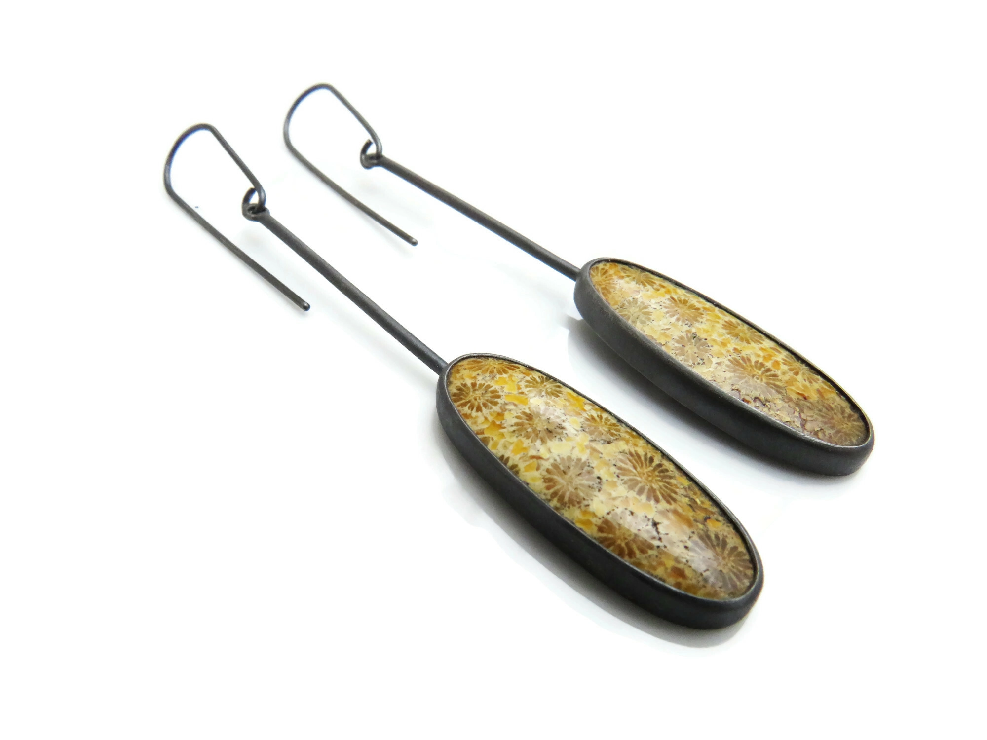 Fossil Coral Oxidized Silver Long Earrings