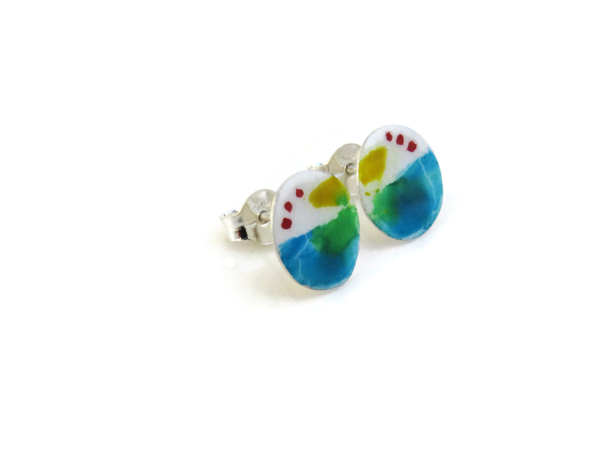 Hand-Painted Enamel Silver Stud Earrings