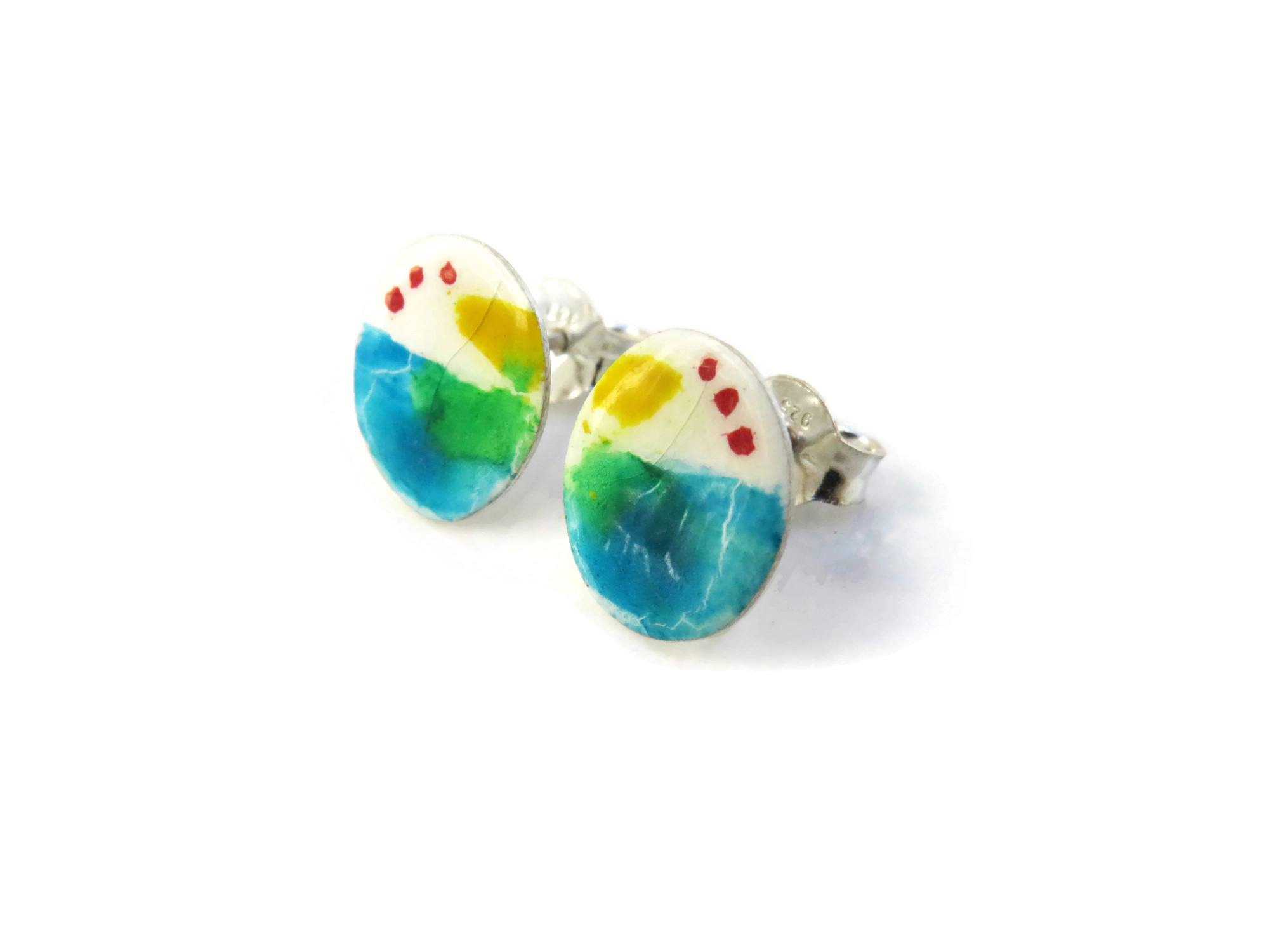 Hand-Painted Enamel Silver Stud Earrings