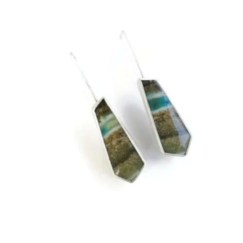 Opalized Wood Long Silver Earrings