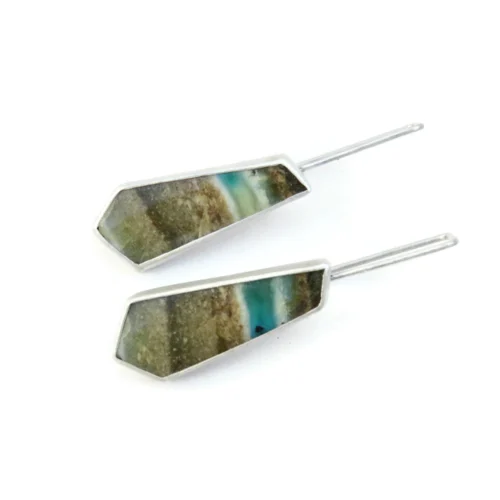 Opalized Wood Long Silver Earrings