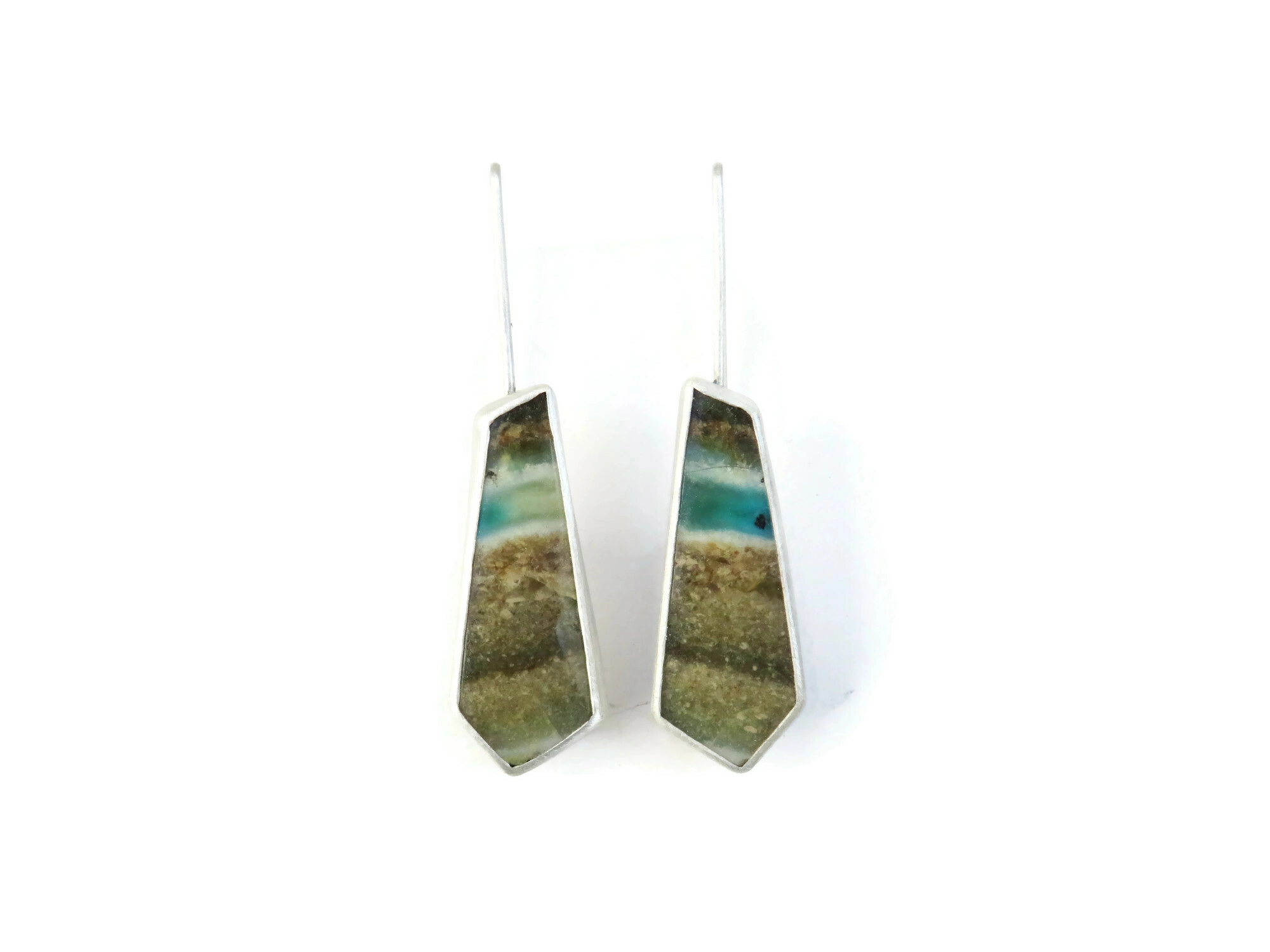 Opalized Wood Long Silver Earrings