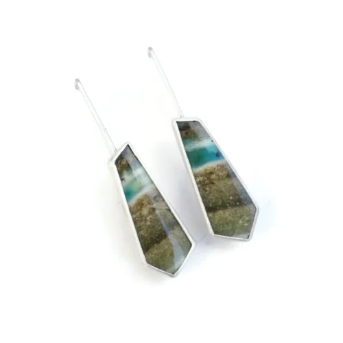 Opalized Wood Long Silver Earrings