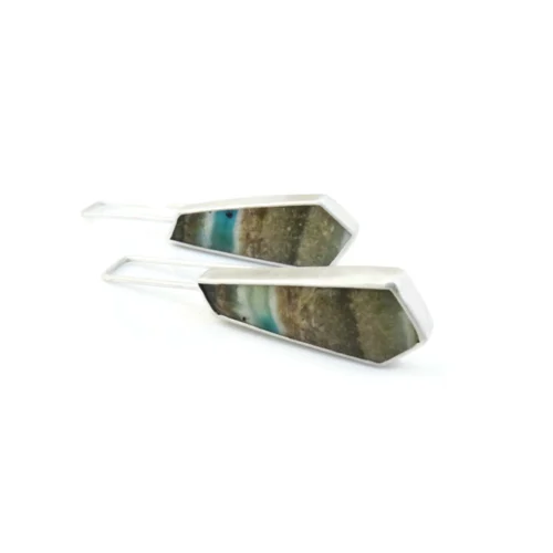 Opalized Wood Long Silver Earrings
