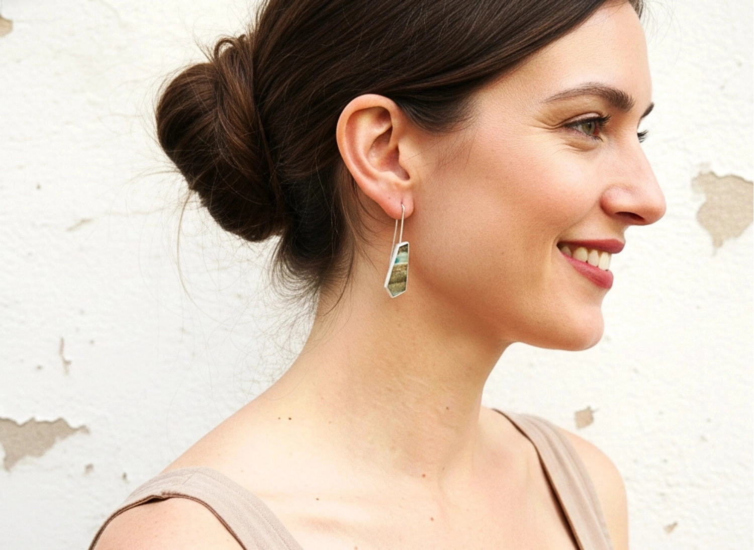 Opalized Wood Long Silver Earrings