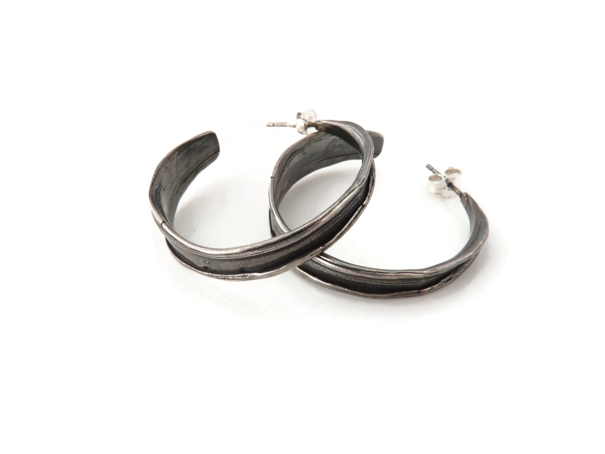 Oxidized Silver Hoops with Organic Texture