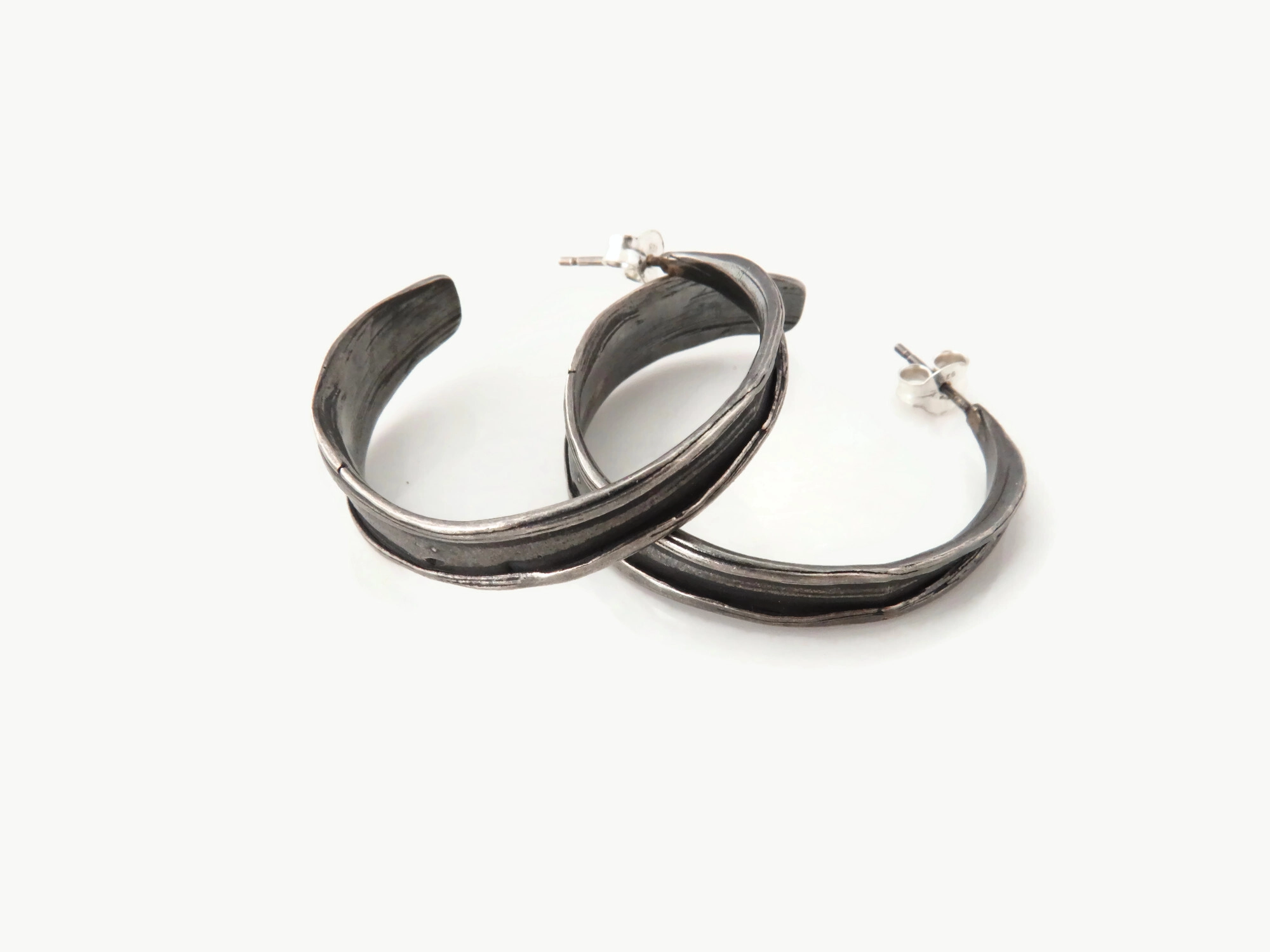Oxidized Silver Hoops with Organic Texture