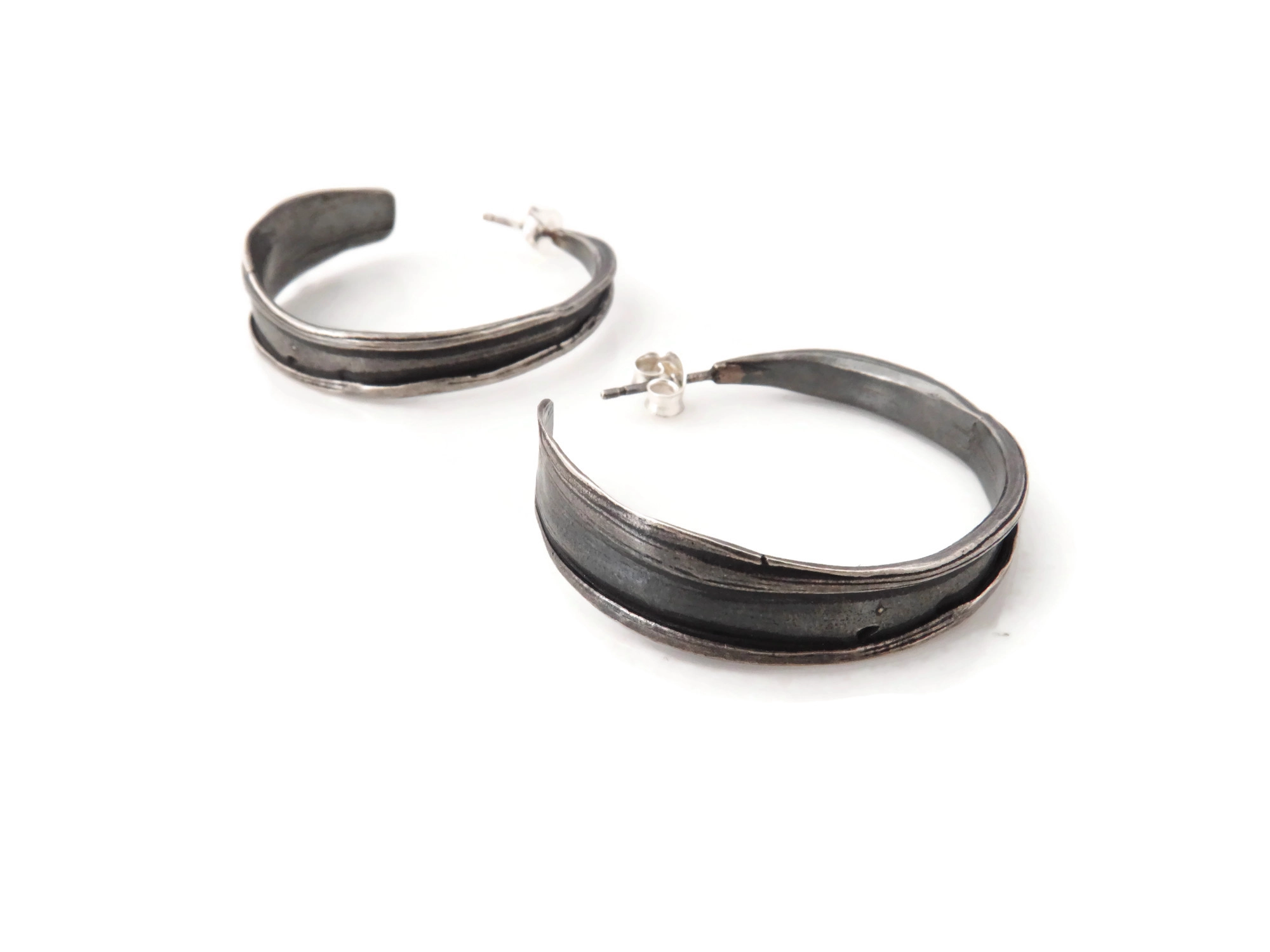 Oxidized Silver Hoops with Organic Texture