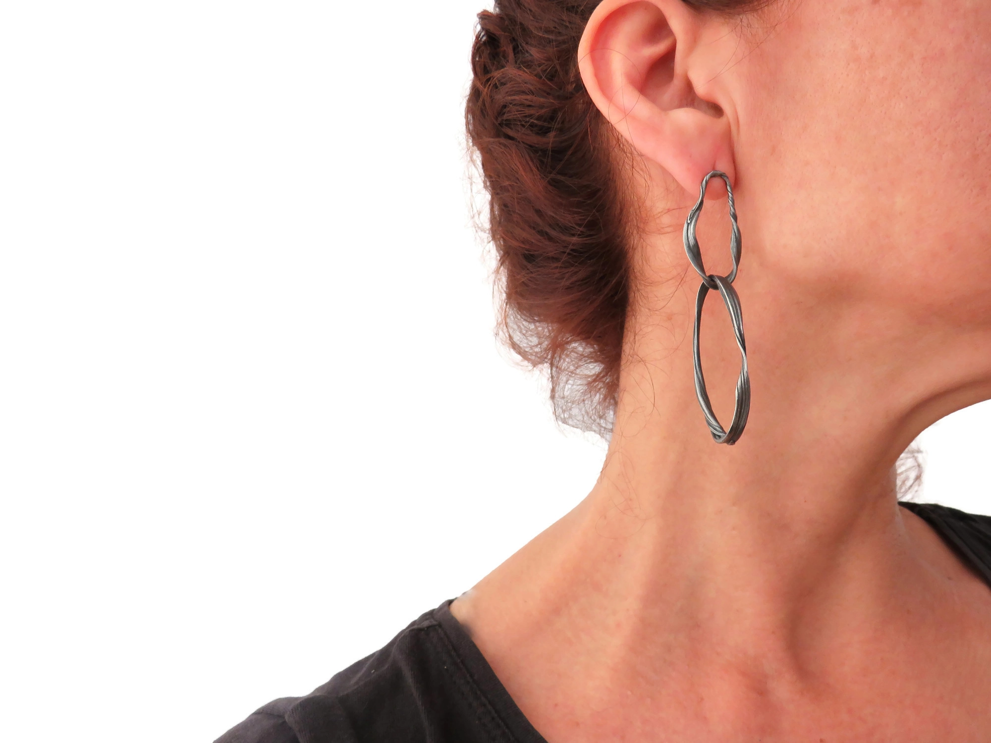 Long Sculptural Oxidized Silver Earrings