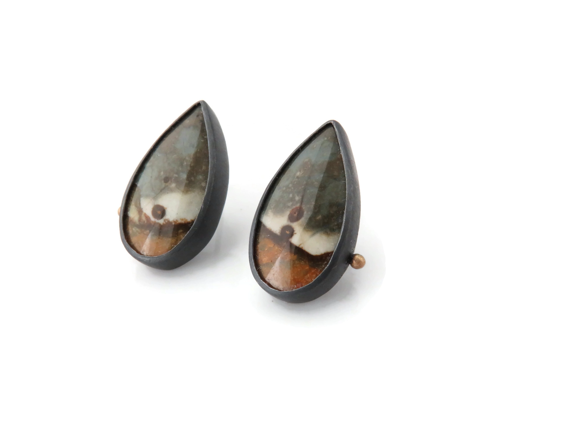 Oxidized Silver Jasper Stud Earrings