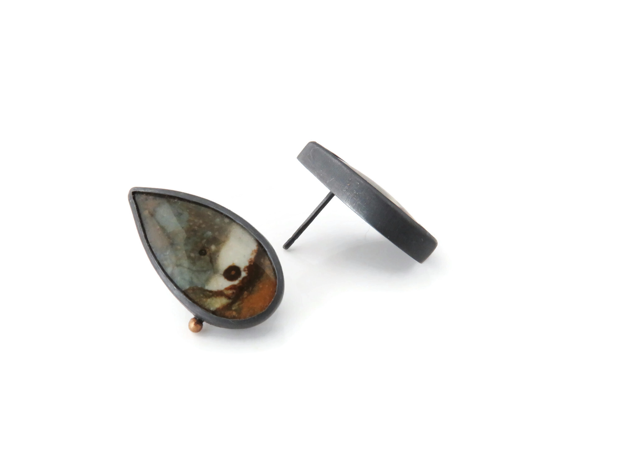 Oxidized Silver Jasper Stud Earrings