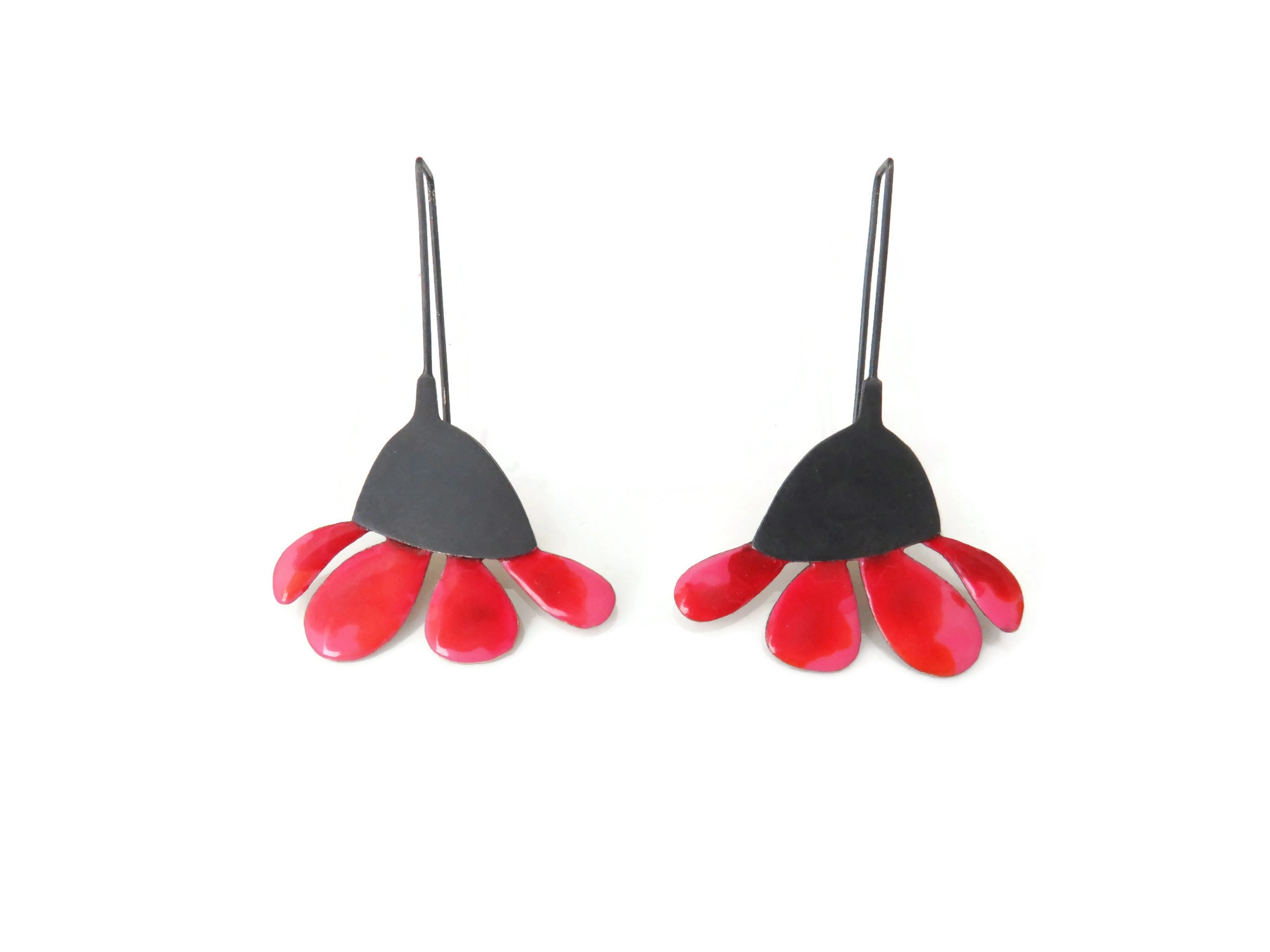Red Enameled Flower Earrings