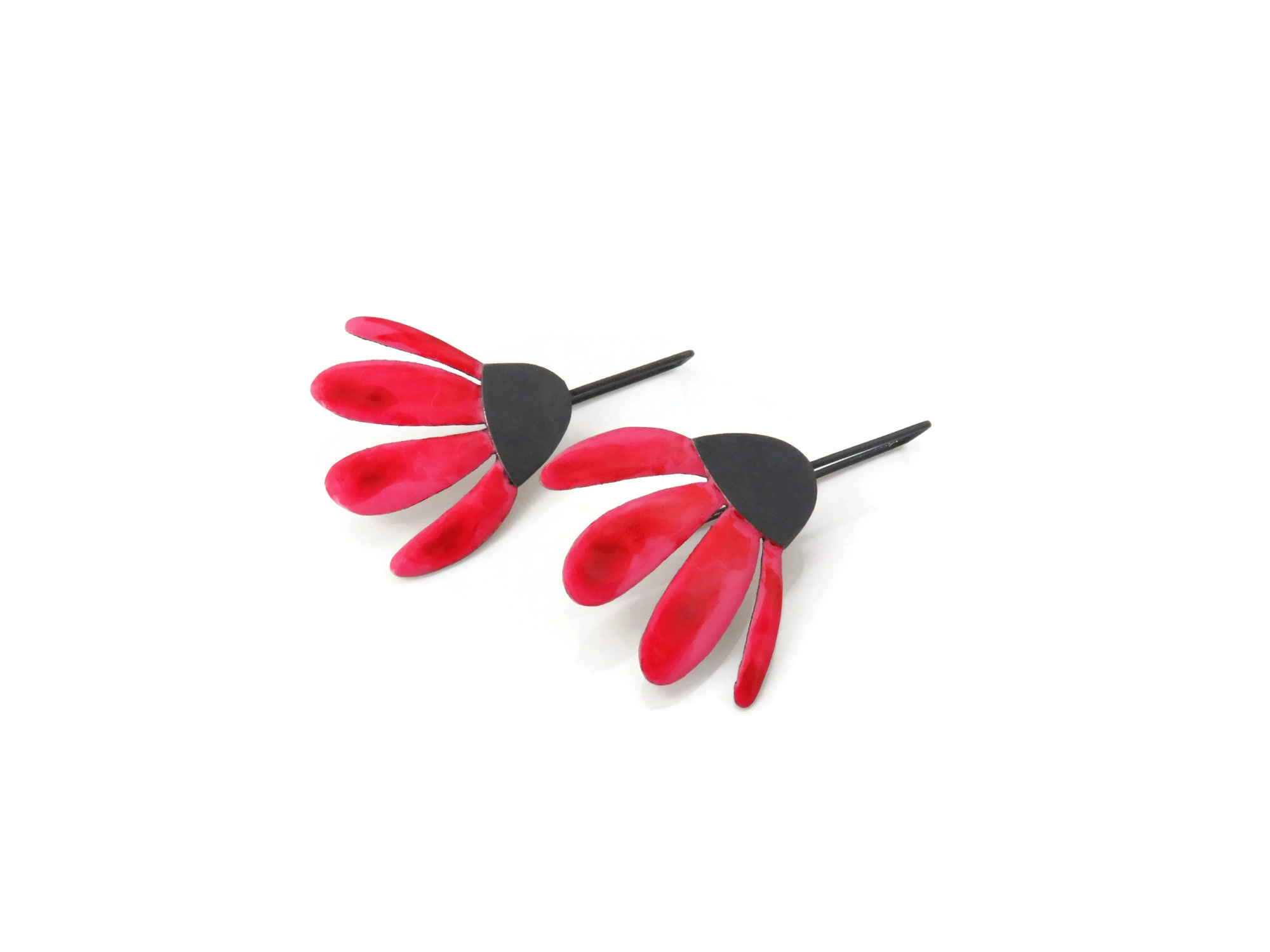 Red Enameled Flower Dangle Earrings