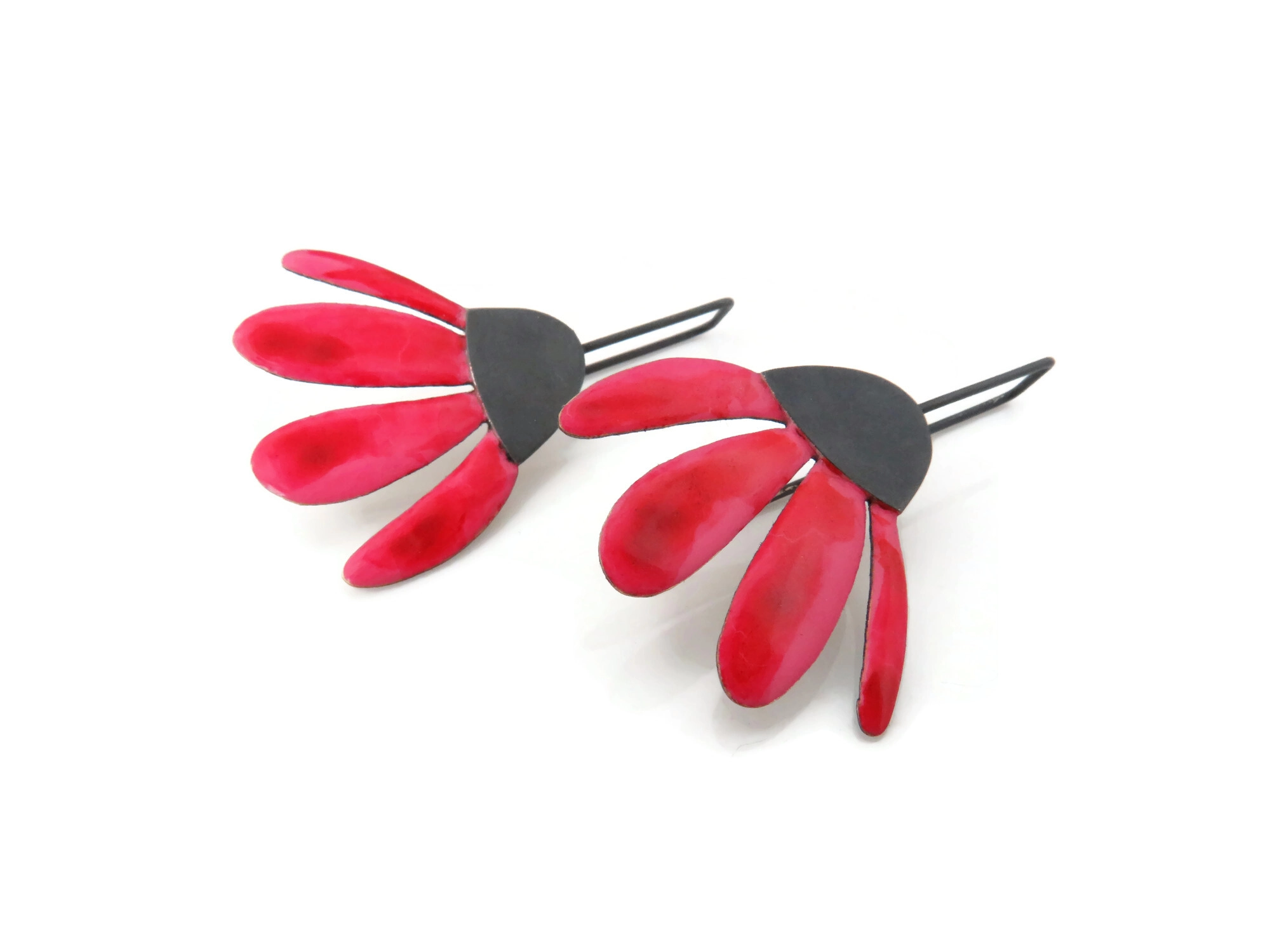 Red Enameled Flower Dangle Earrings