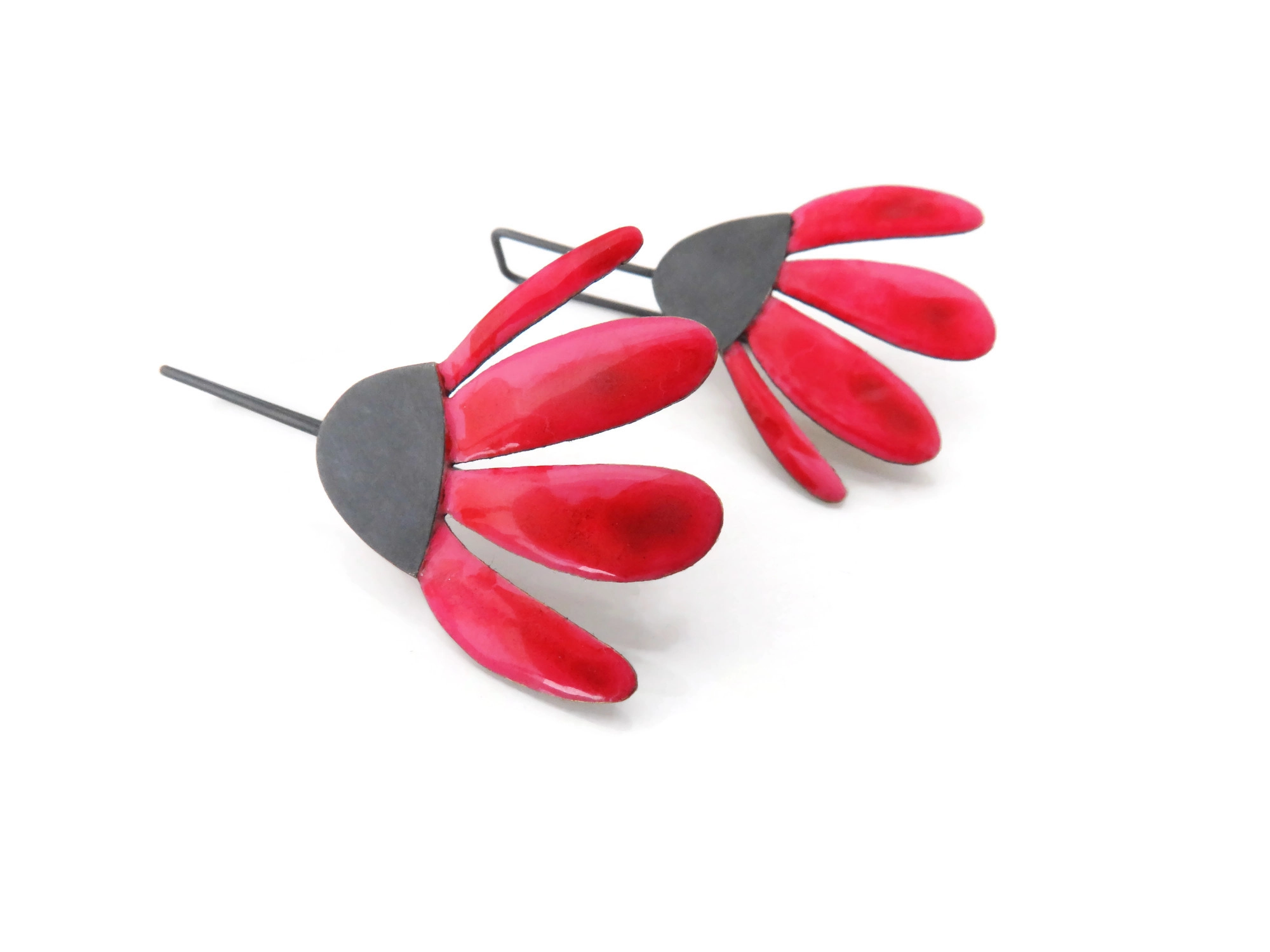Red Enameled Flower Dangle Earrings