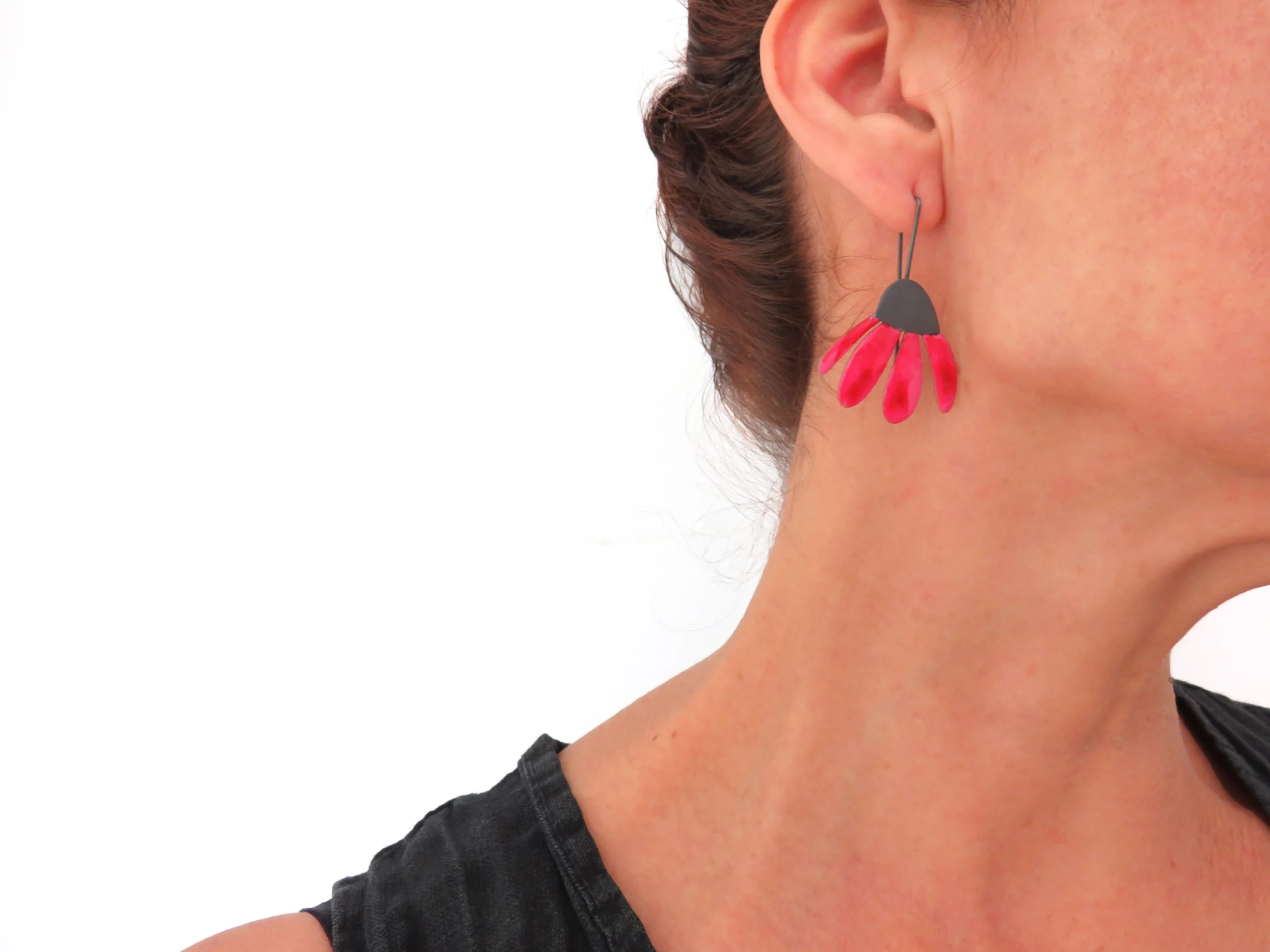 Red Enameled Flower Dangle Earrings