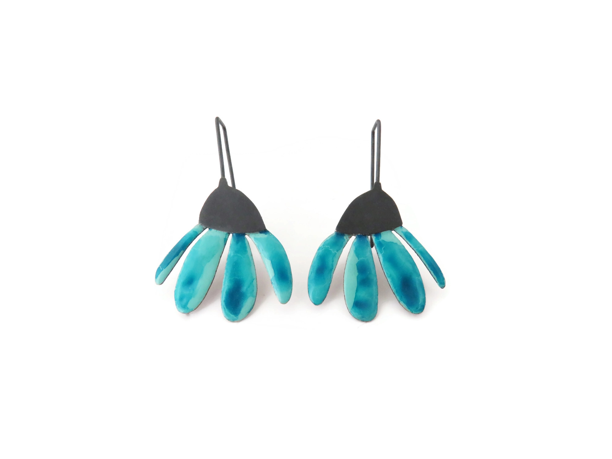 Blue Enameled Flower Dangle Earrings