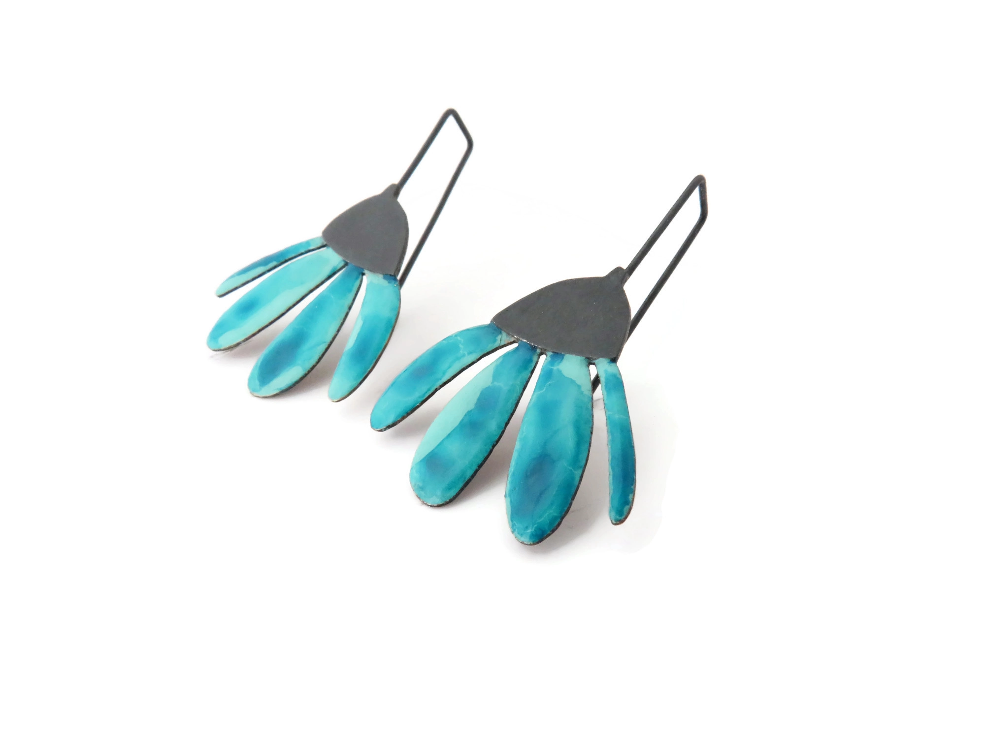 Blue Enameled Flower Dangle Earrings