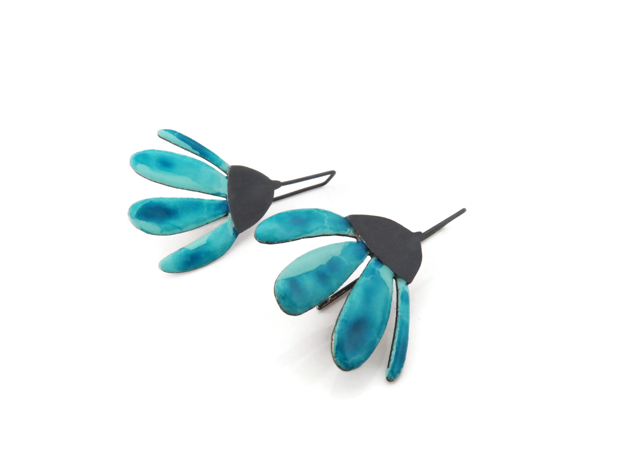 Blue Enameled Flower Dangle Earrings