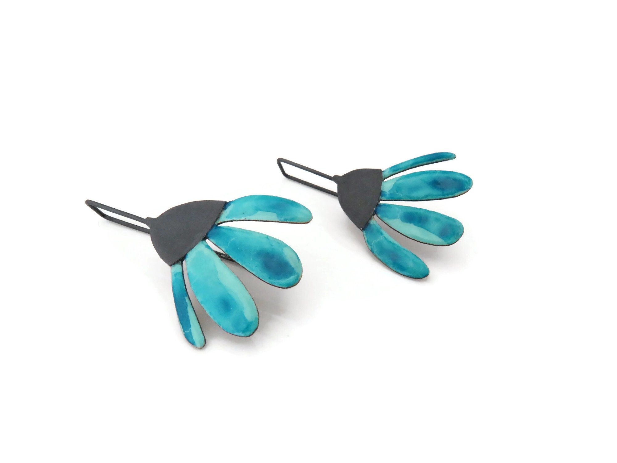 Blue Enameled Flower Dangle Earrings