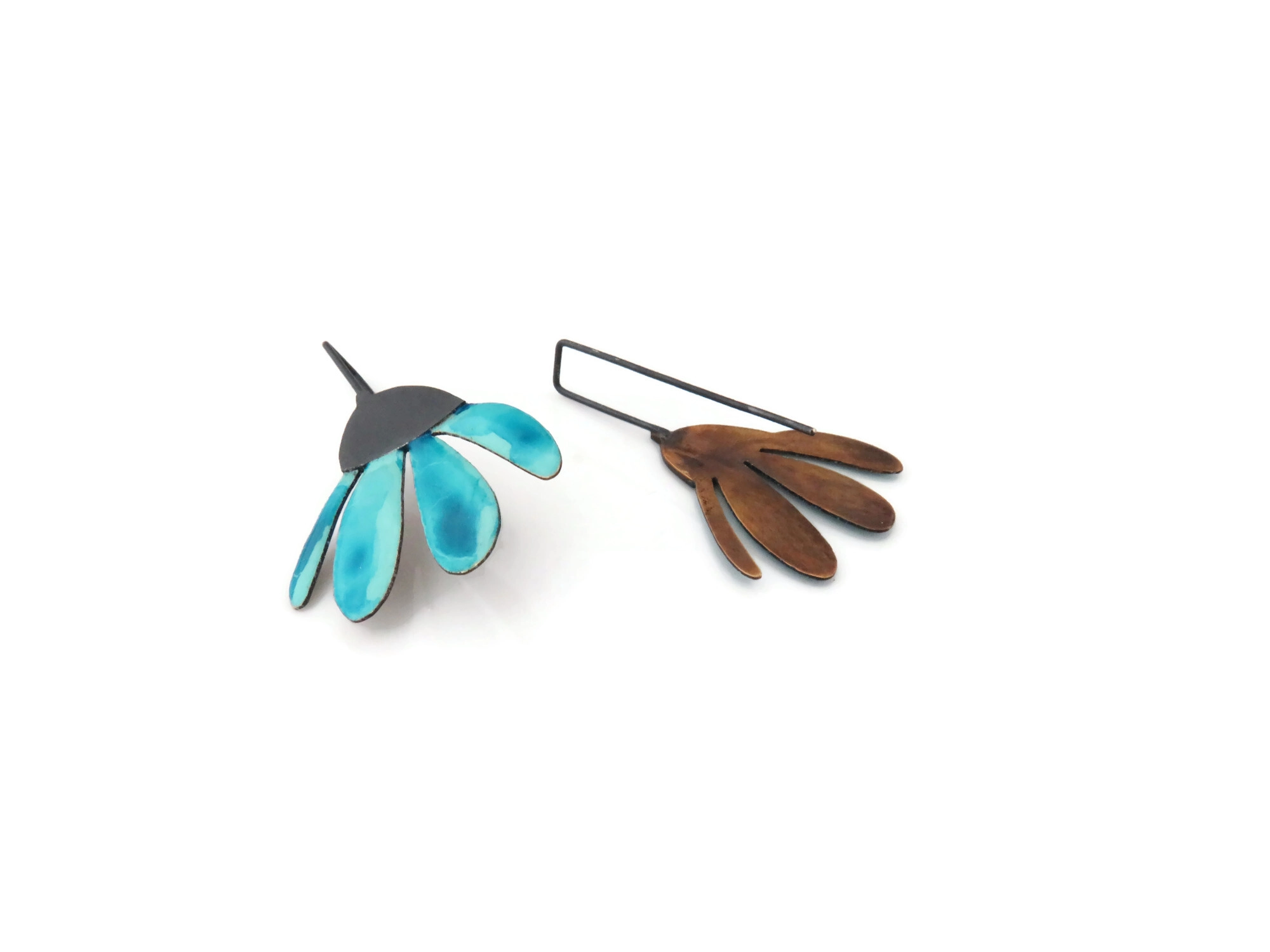 Blue Enameled Flower Dangle Earrings