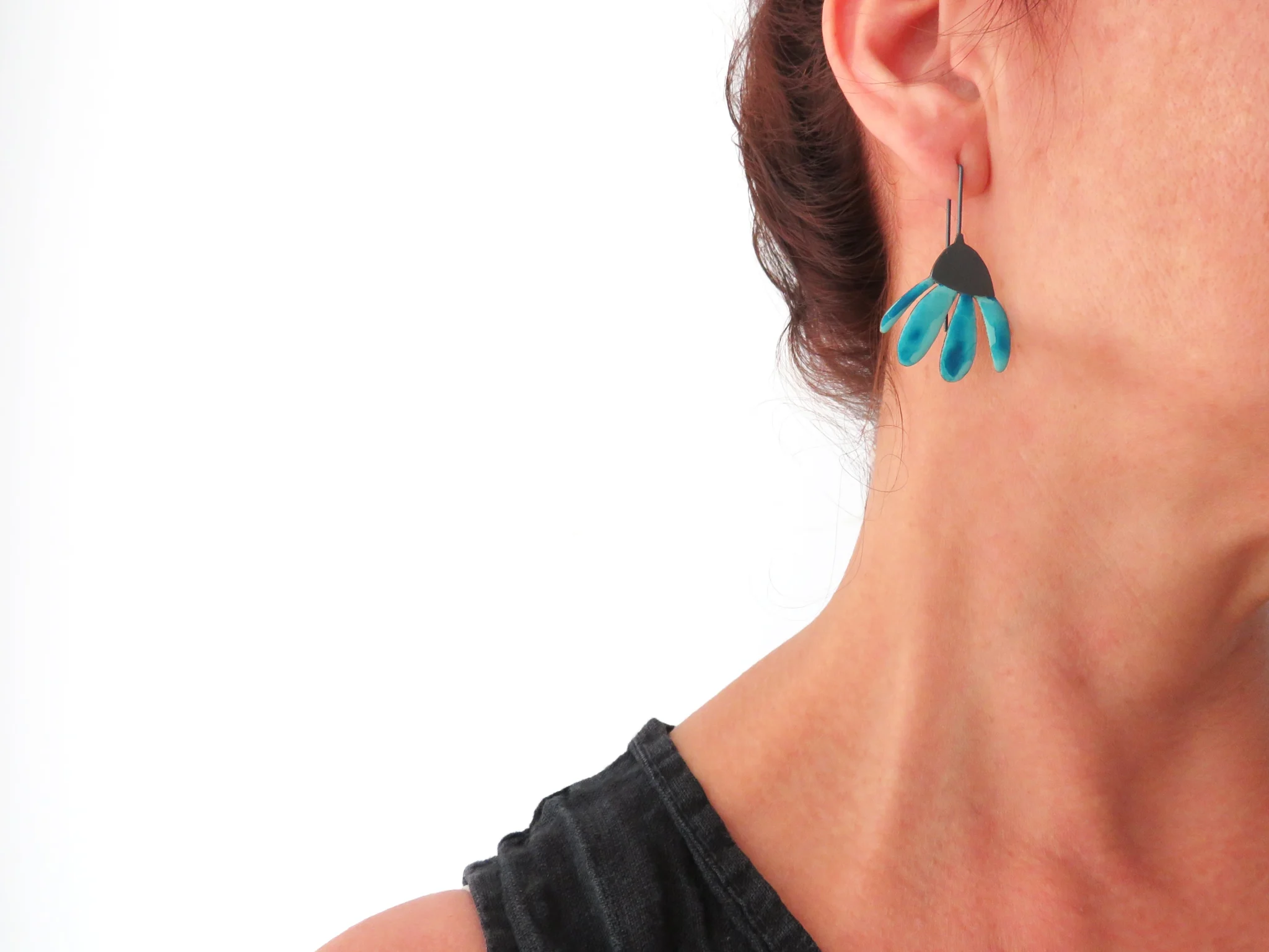 Blue Enameled Flower Dangle Earrings