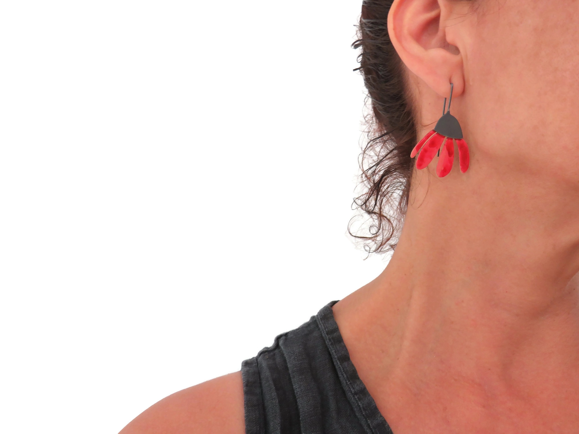 Red Enameled Flower Dangle Earrings