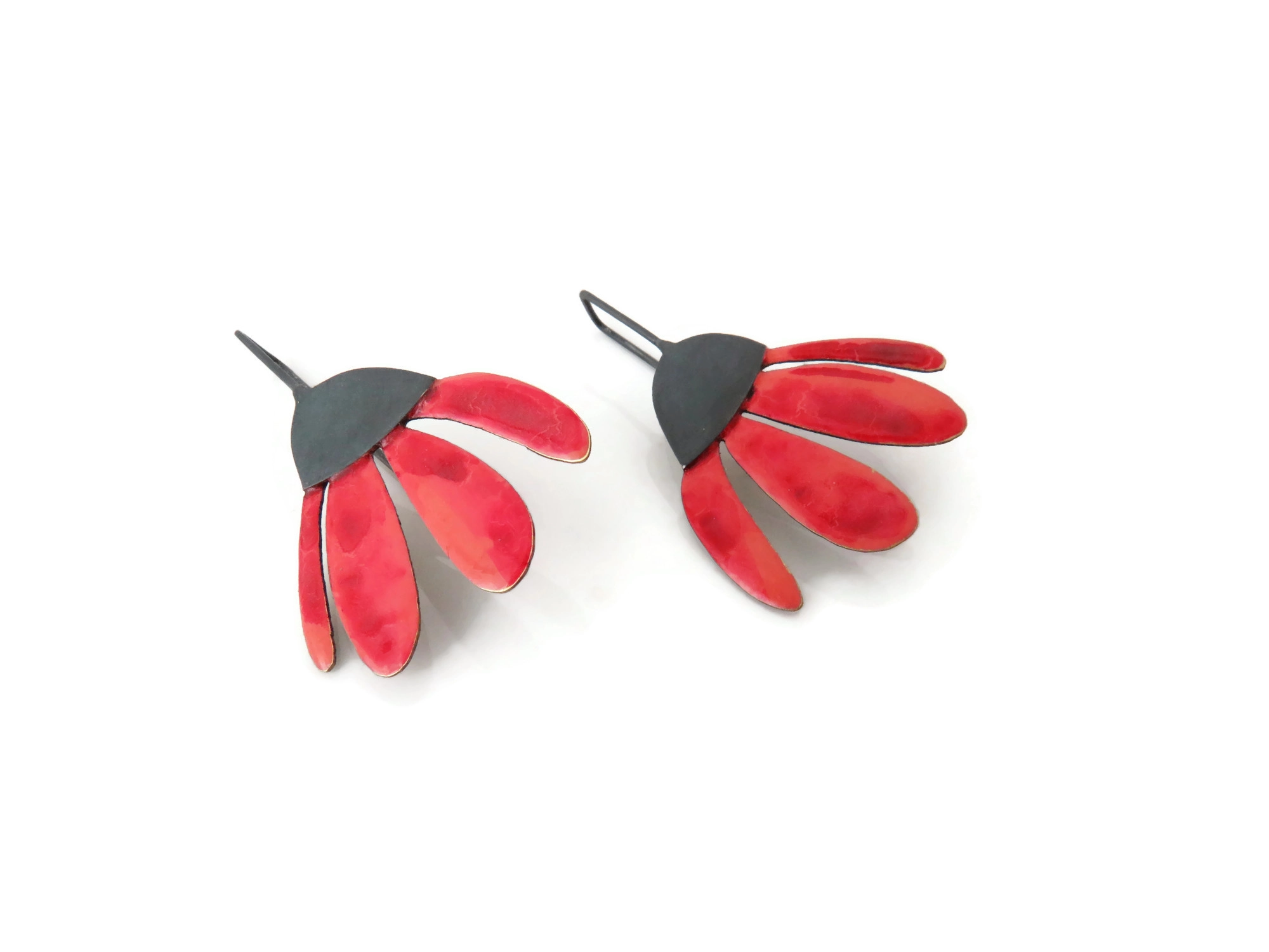 Red Enameled Flower Dangle Earrings