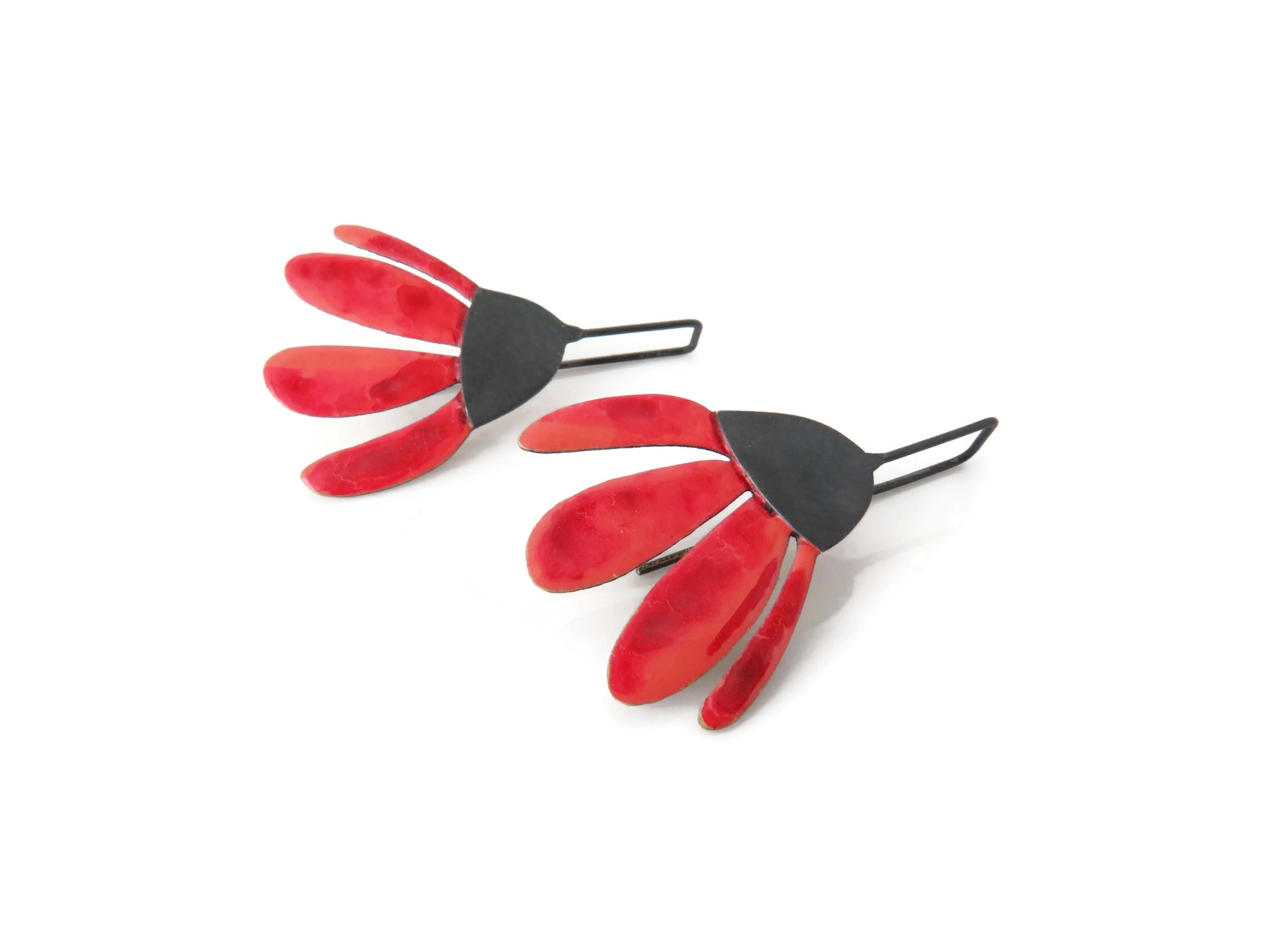Red Enameled Flower Dangle Earrings
