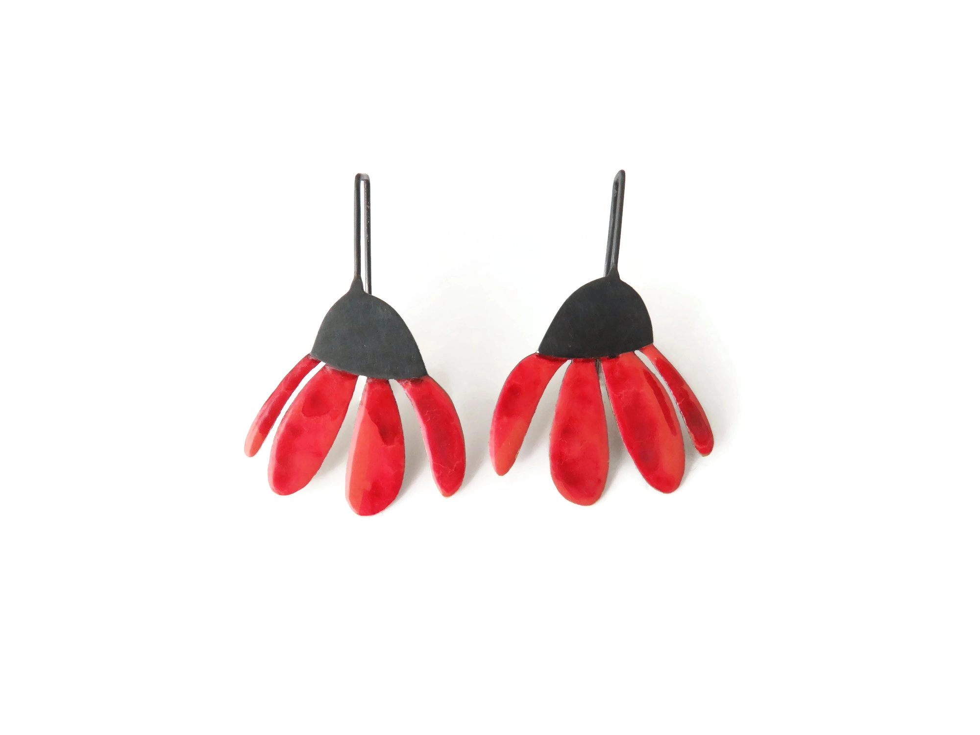 Red Enameled Flower Dangle Earrings