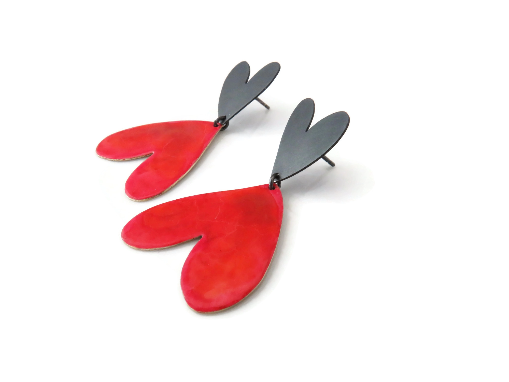 Red Enameled Heart Earrings