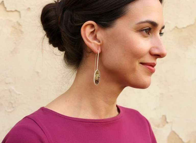Petrified Palmwood Long Silver Earrings