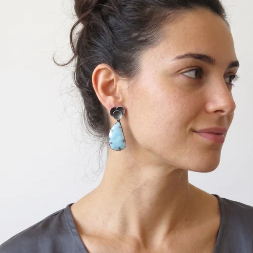 Rose Cut Larimar Earrings in Oxidized Silver