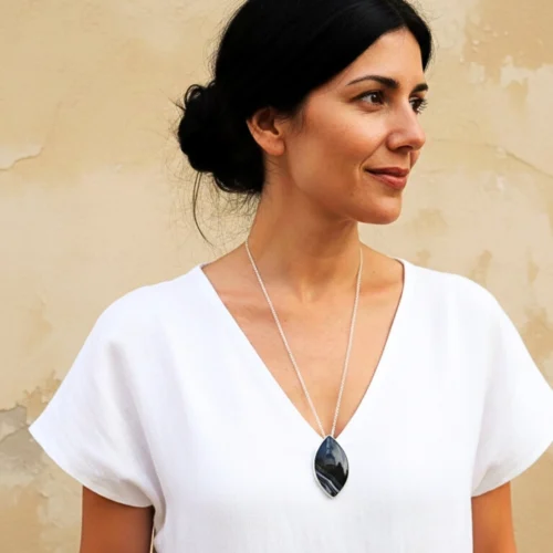 Large Onyx Pendant Silver Necklace