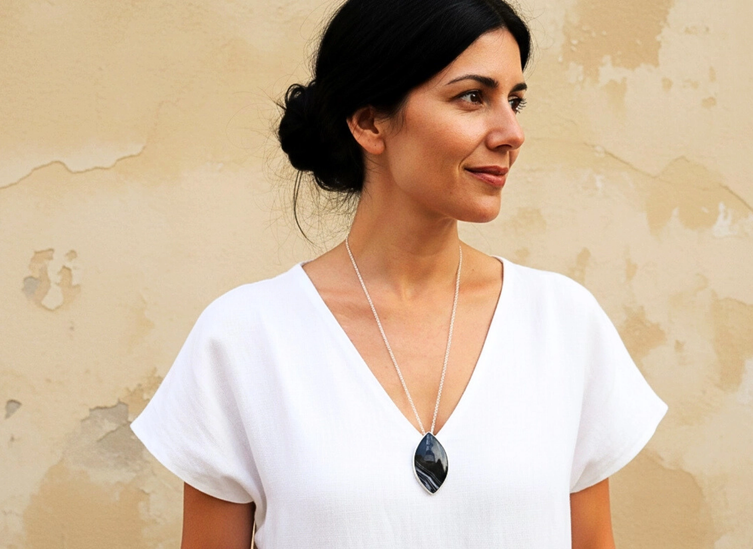 Large Onyx Pendant Silver Necklace