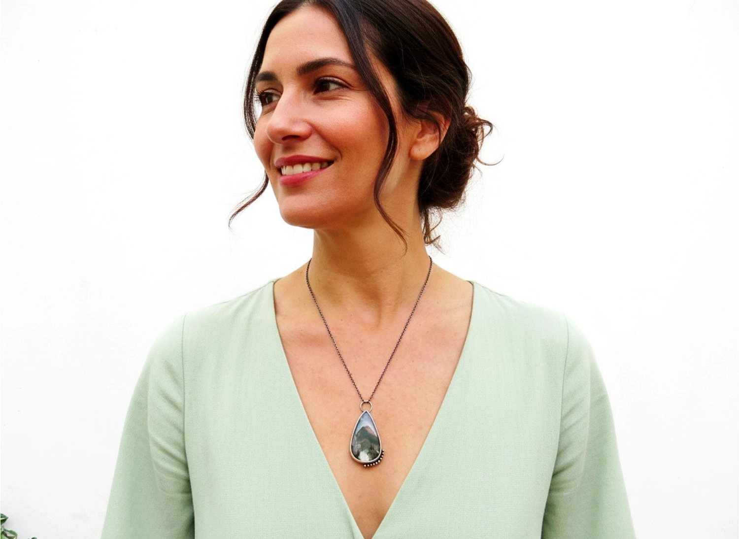 Large Moss Agate Silver Pendant