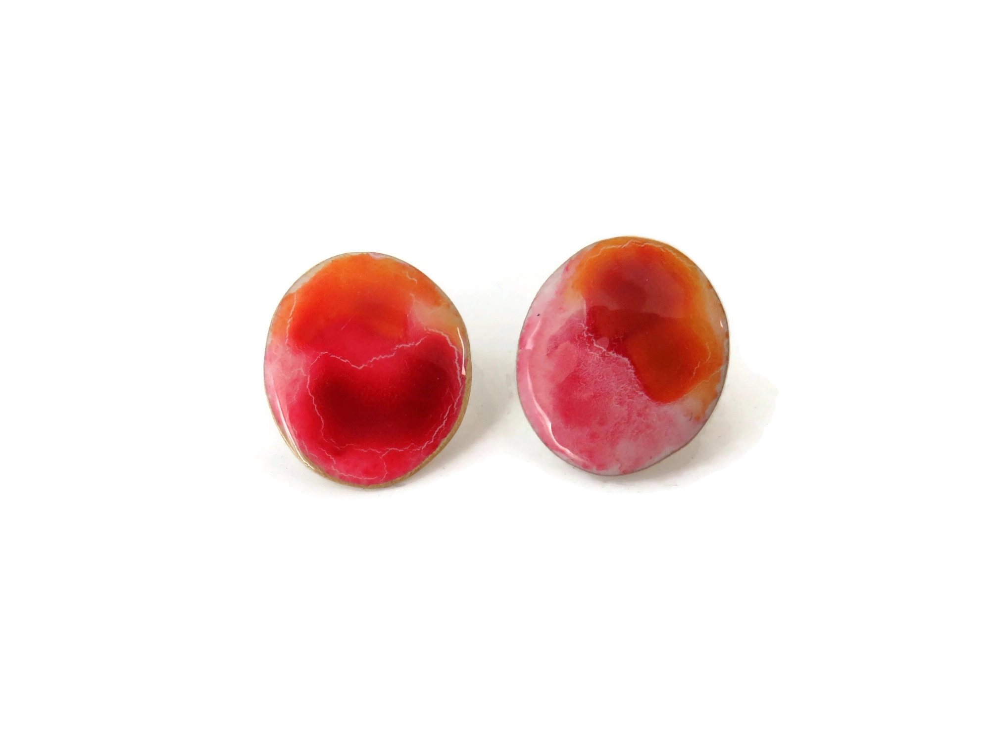 Pink Enameled Brass Stud Earrings