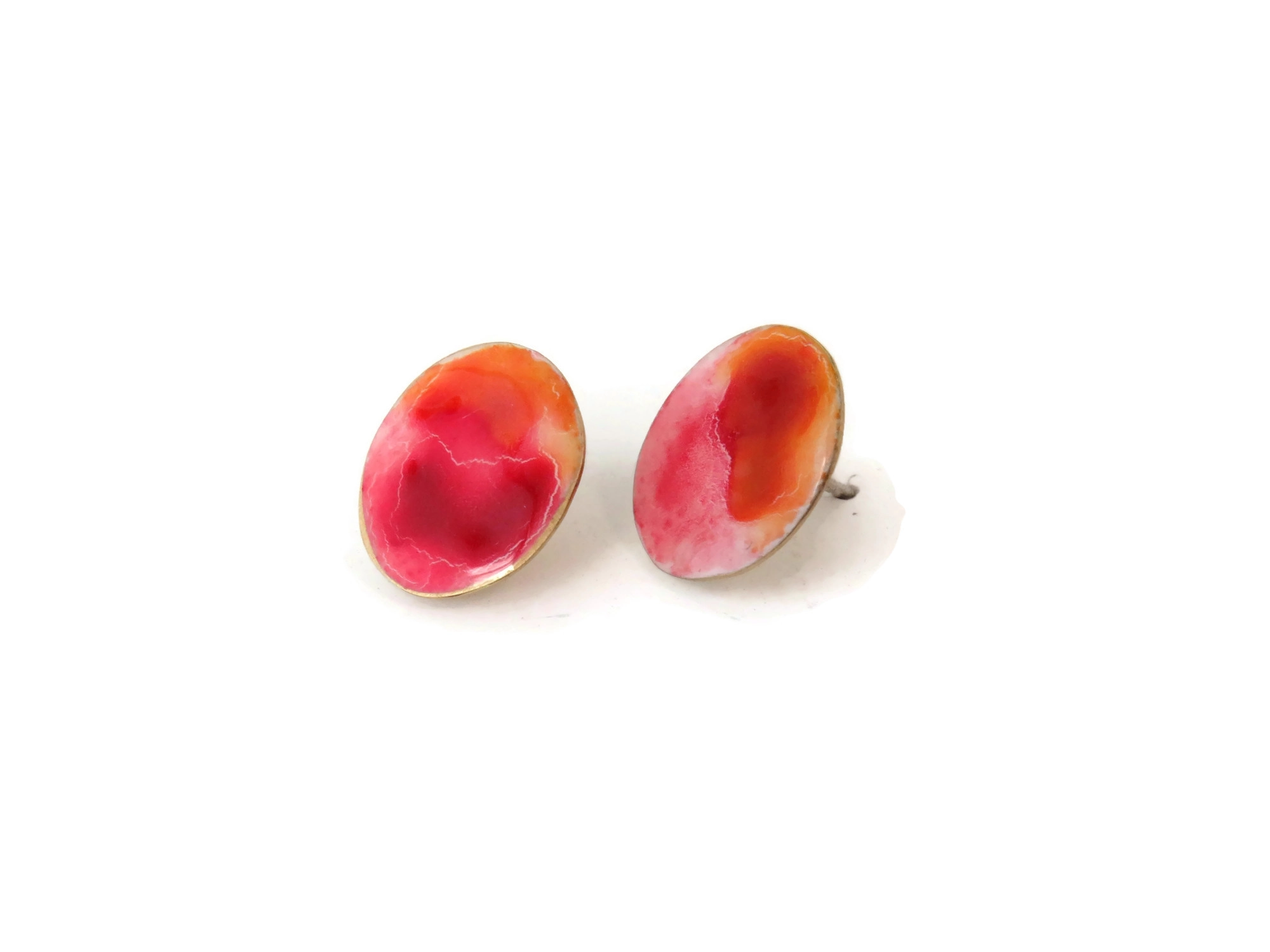 Pink Enameled Brass Stud Earrings