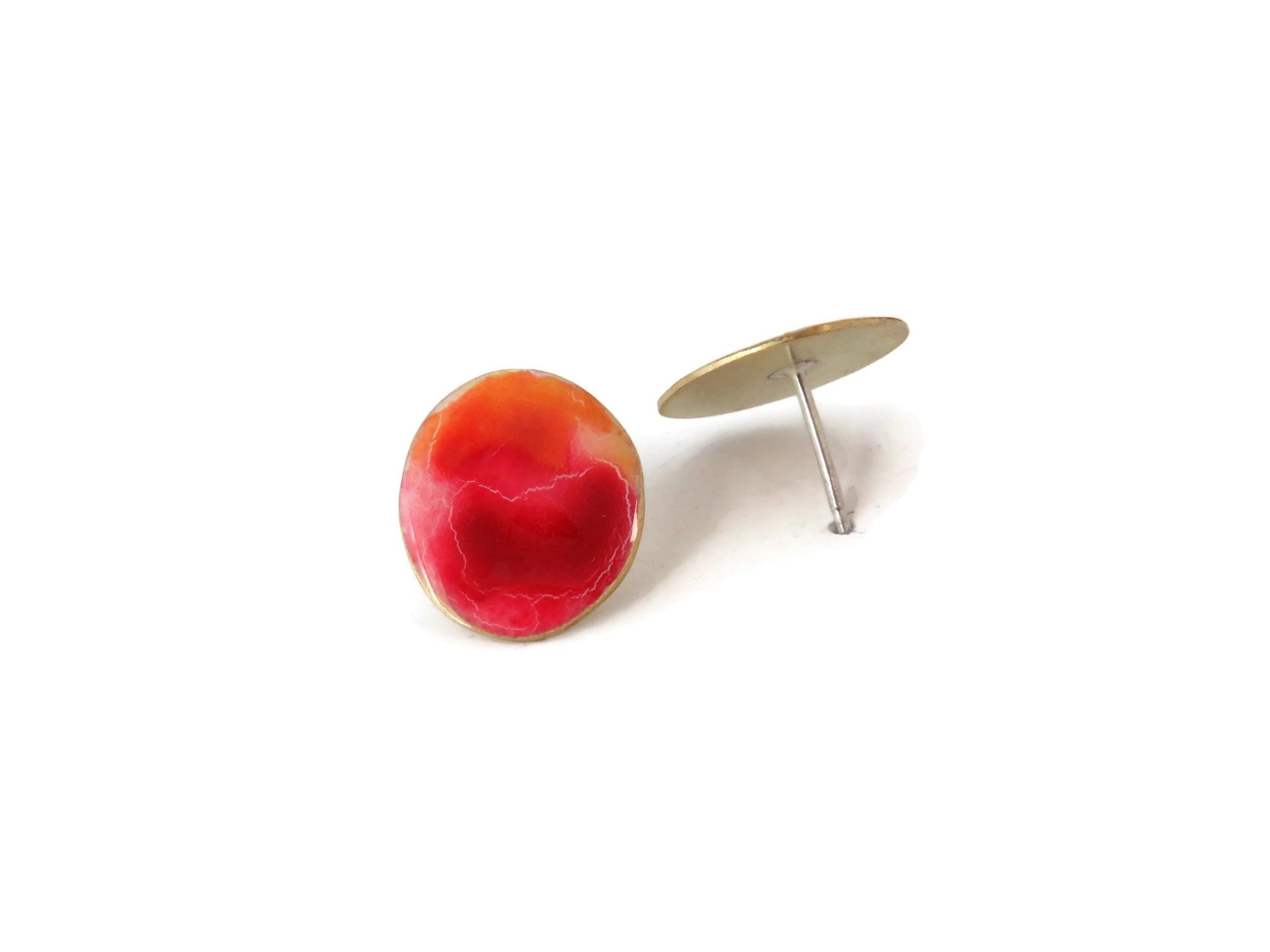 Pink Enameled Brass Stud Earrings