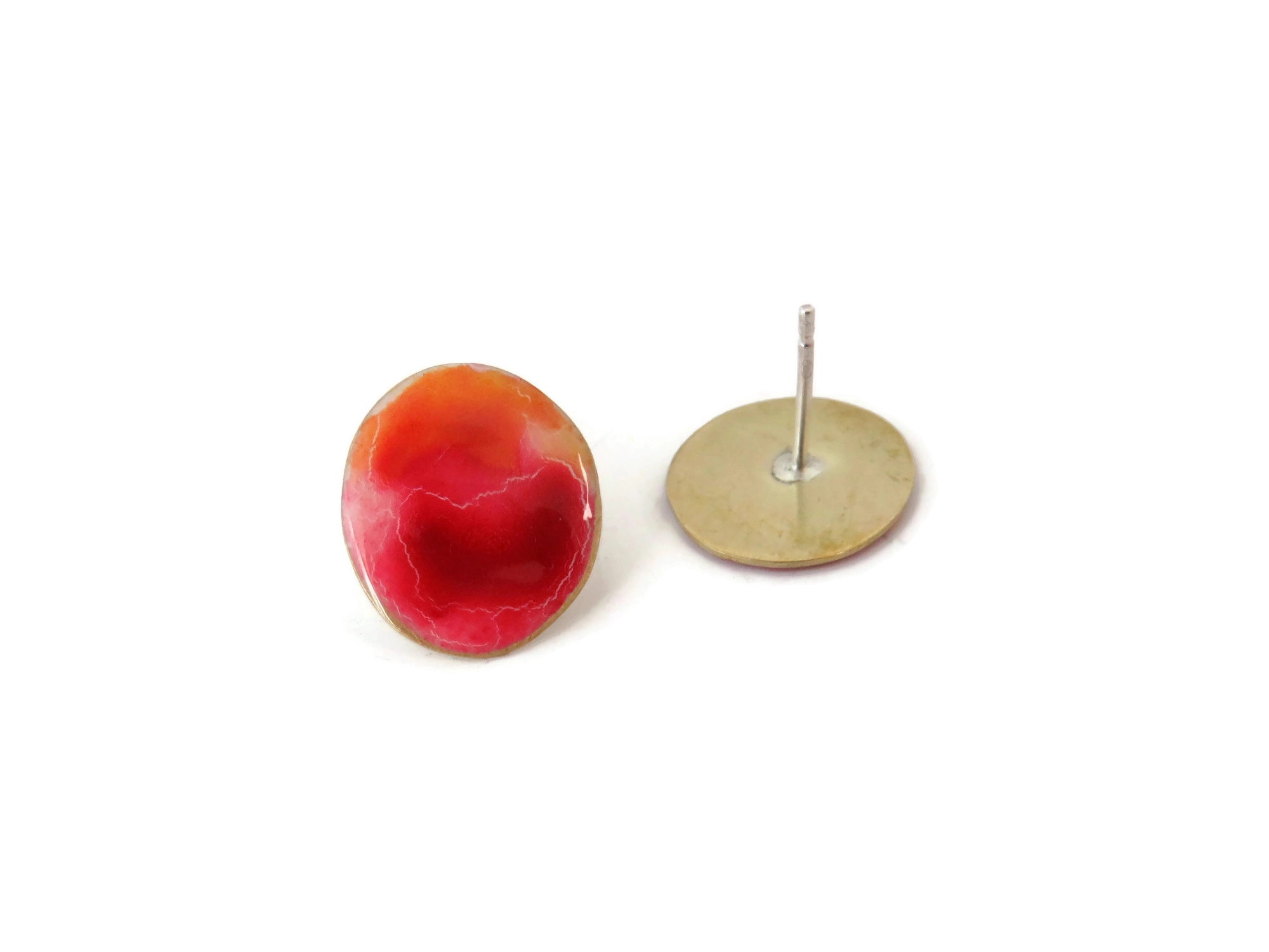 Pink Enameled Brass Stud Earrings