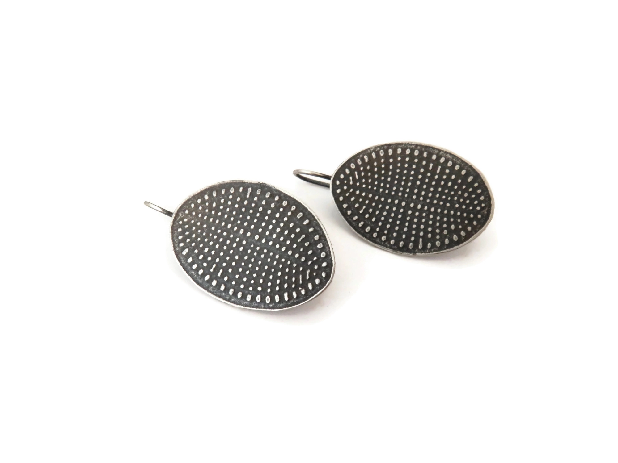 Embossed Pattern Oxidized Silver Dangle Earrings