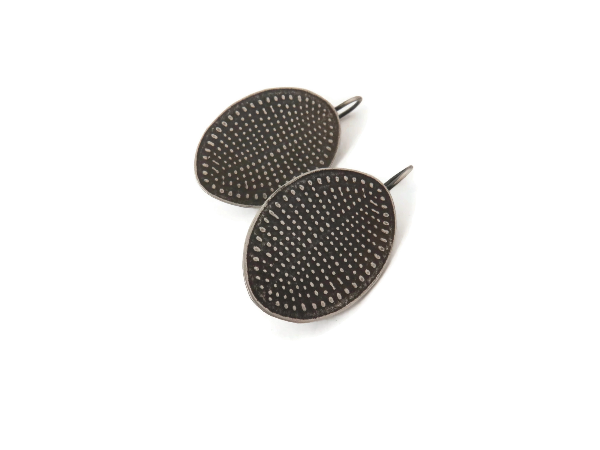 Embossed Pattern Oxidized Silver Dangle Earrings