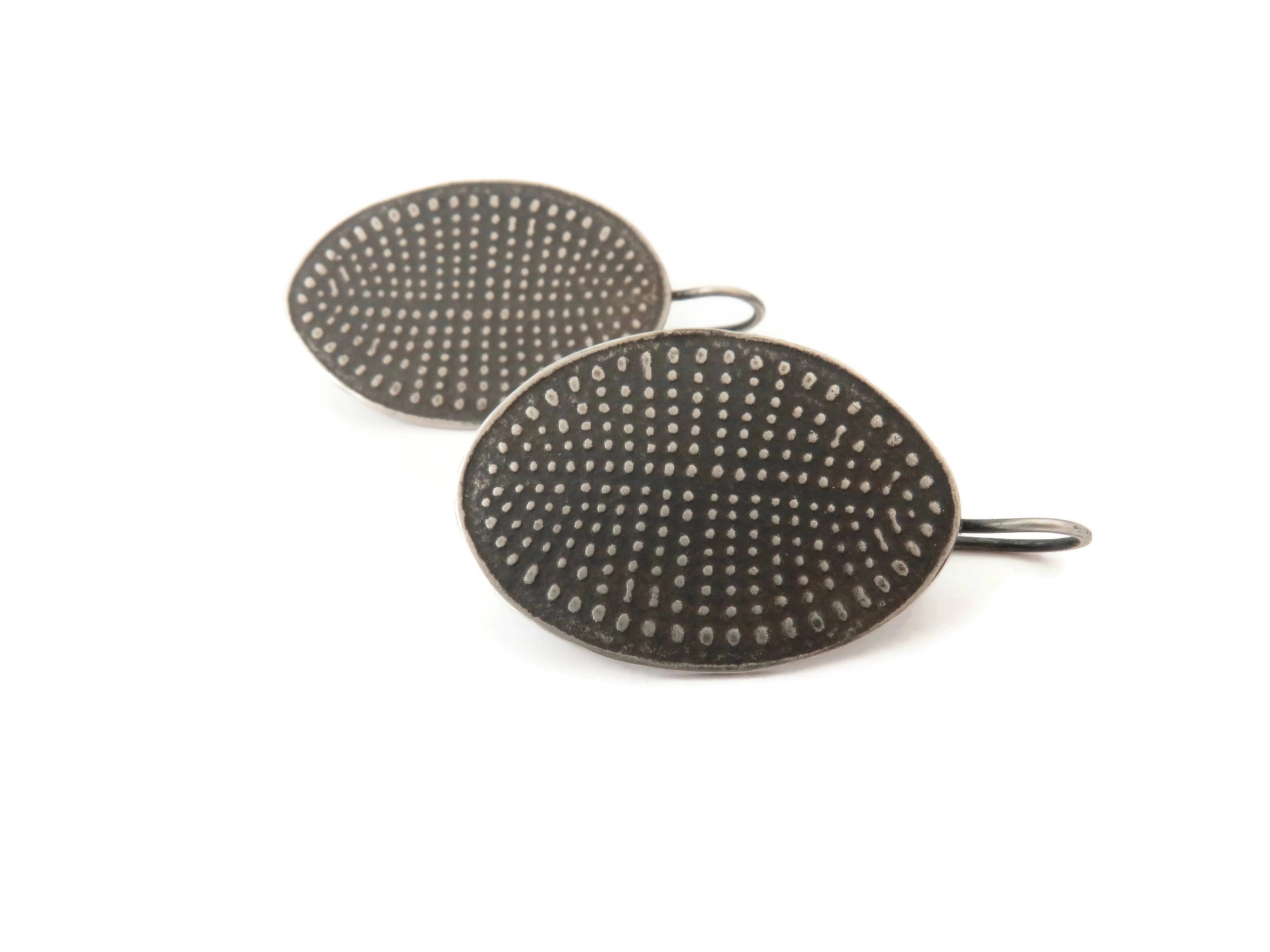 Embossed Pattern Oxidized Silver Dangle Earrings
