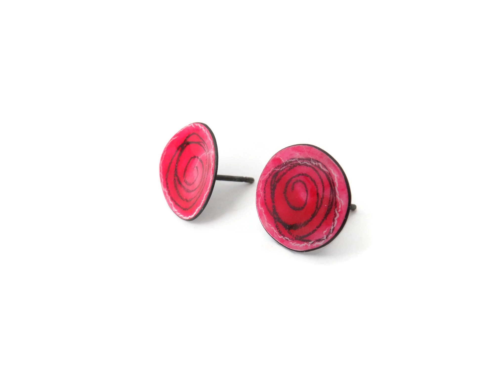 Hot Pink Enameled Oxidized Silver Earrings