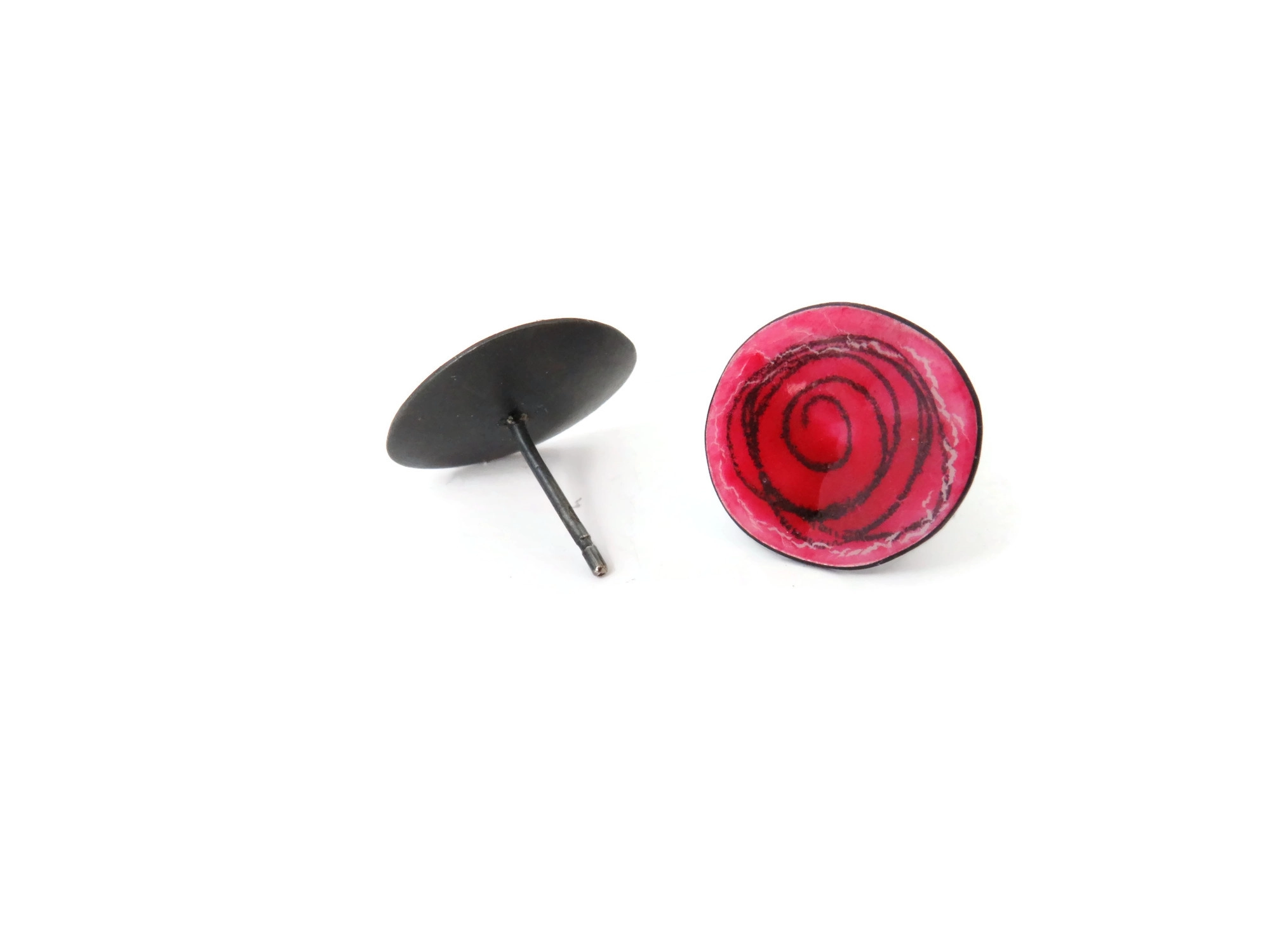 Hot Pink Enameled Oxidized Silver Earrings