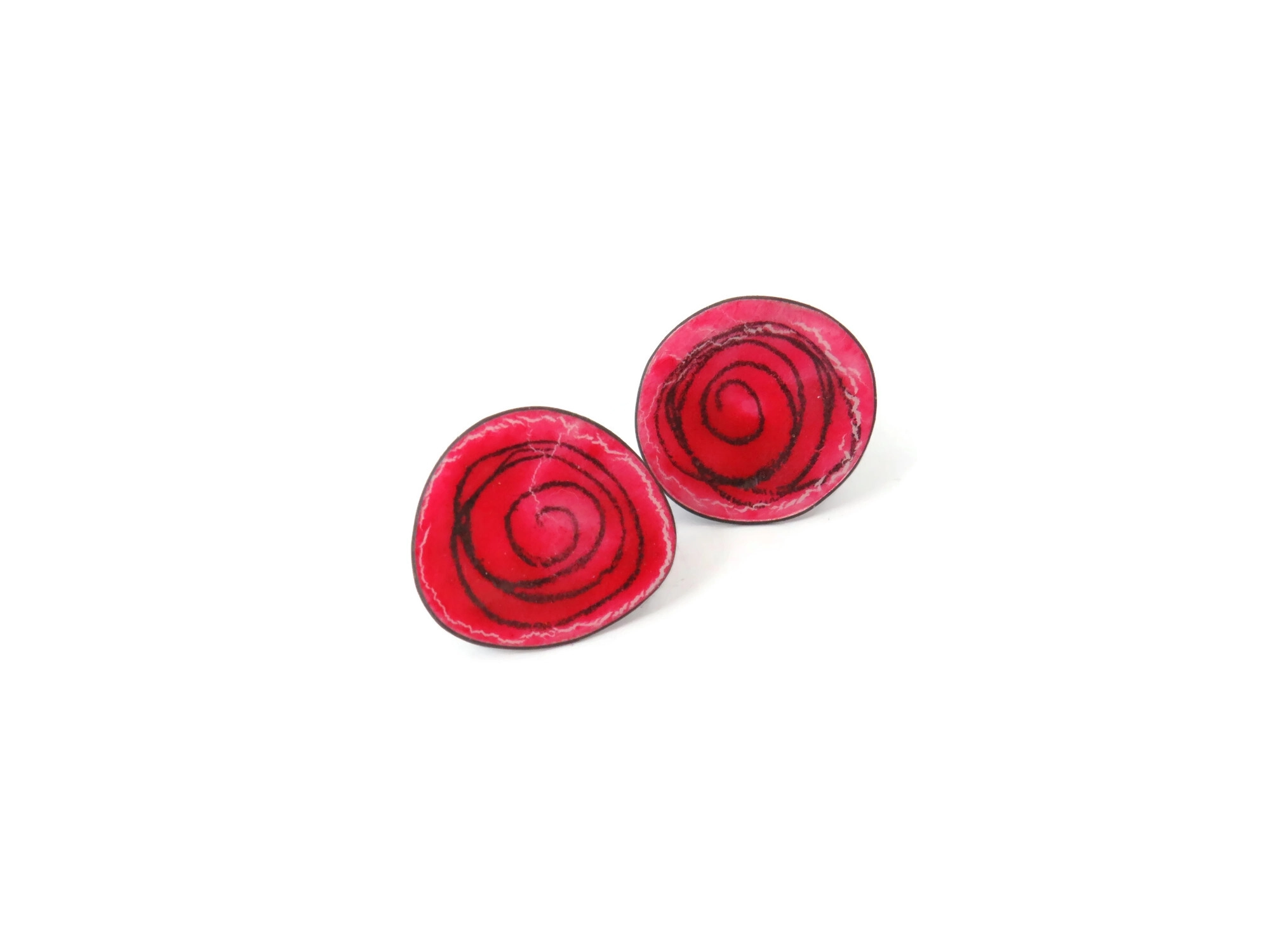 Hot Pink Enameled Oxidized Silver Earrings